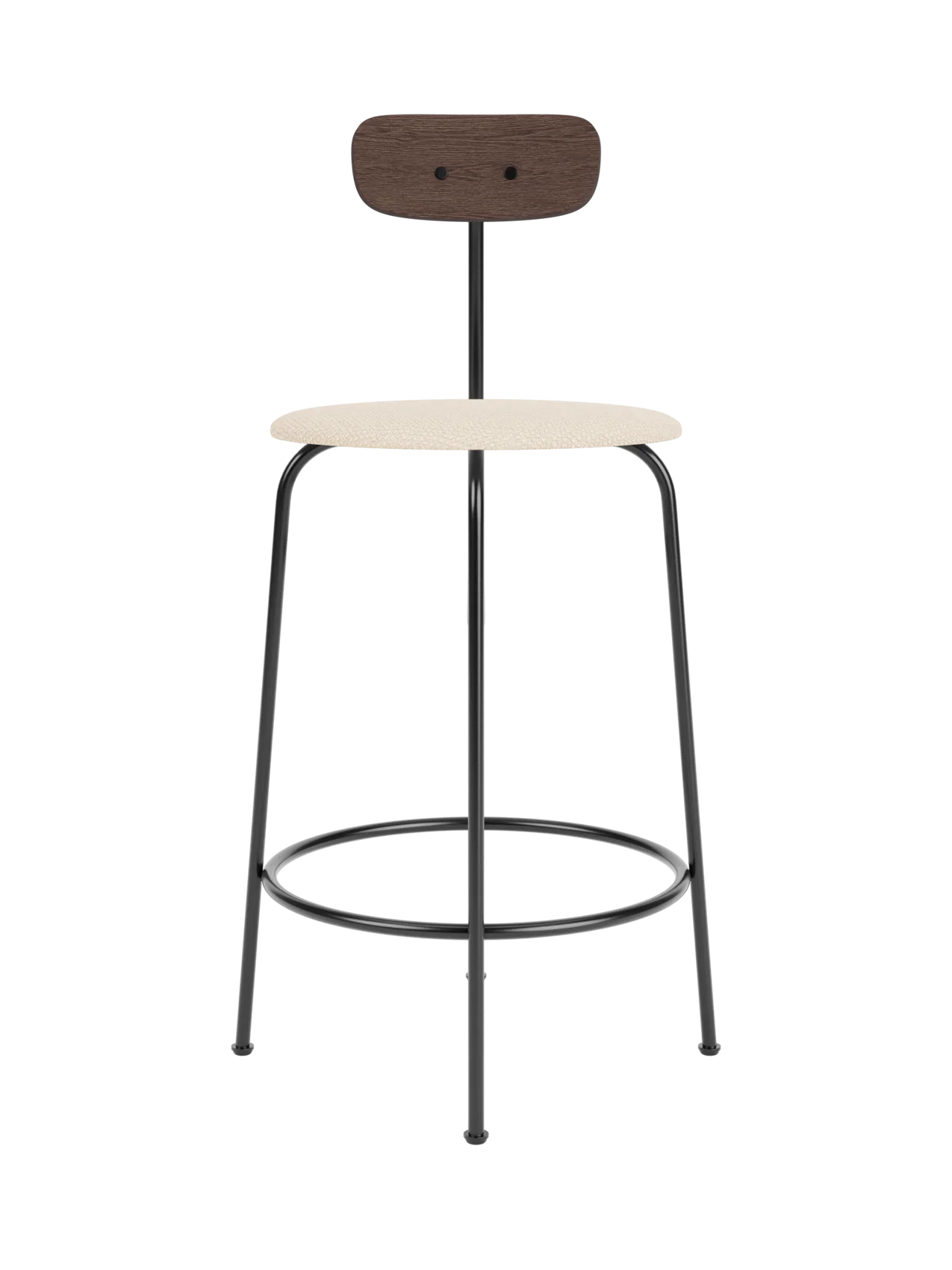 Afteroom Counter Chair with a cream Logan Jasmine upholstered seat, dark stained oak backrest and black steel frame.