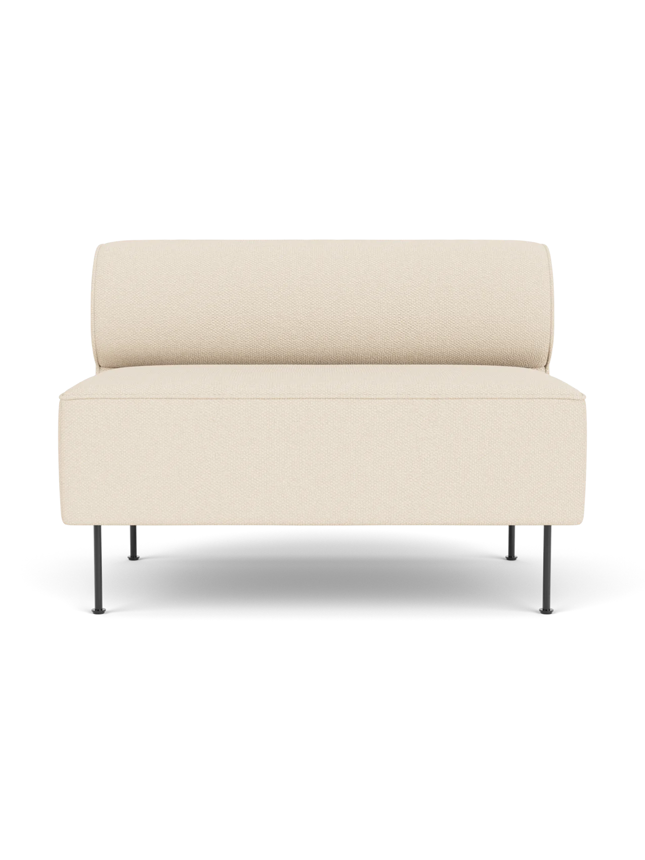 Front view of the Eave Dining Sofa in cream-coloured Logan Jasmine upholstery, with slender black metal legs.