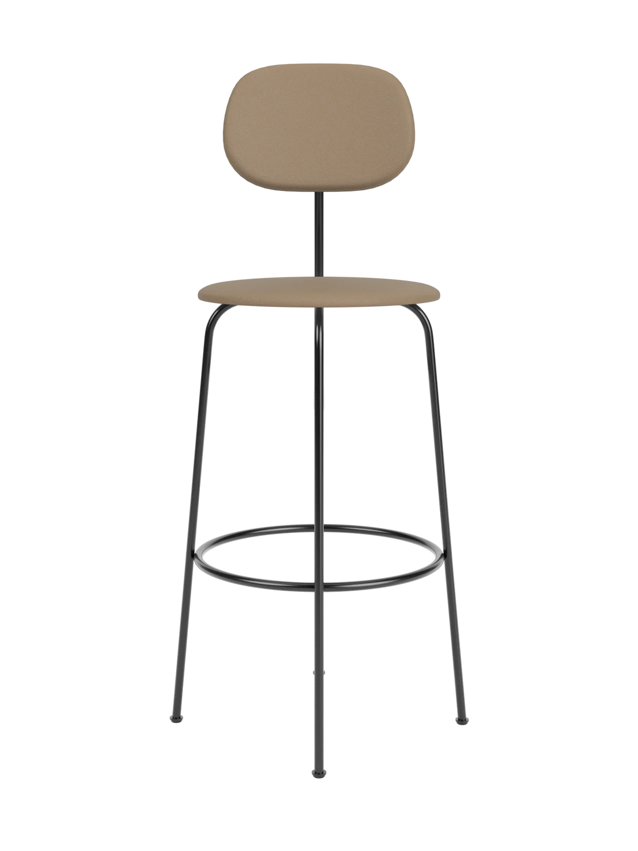 Front view of Afteroom Bar Chair Plus, Fully Upholstered, with a black steel frame and beige upholstered seat and backrest.
