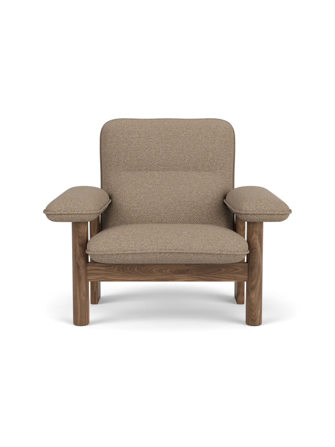 Front view of the Brasilia Lounge Chair, High Back, with a solid walnut frame, stout legs, and beige fabric upholstery.