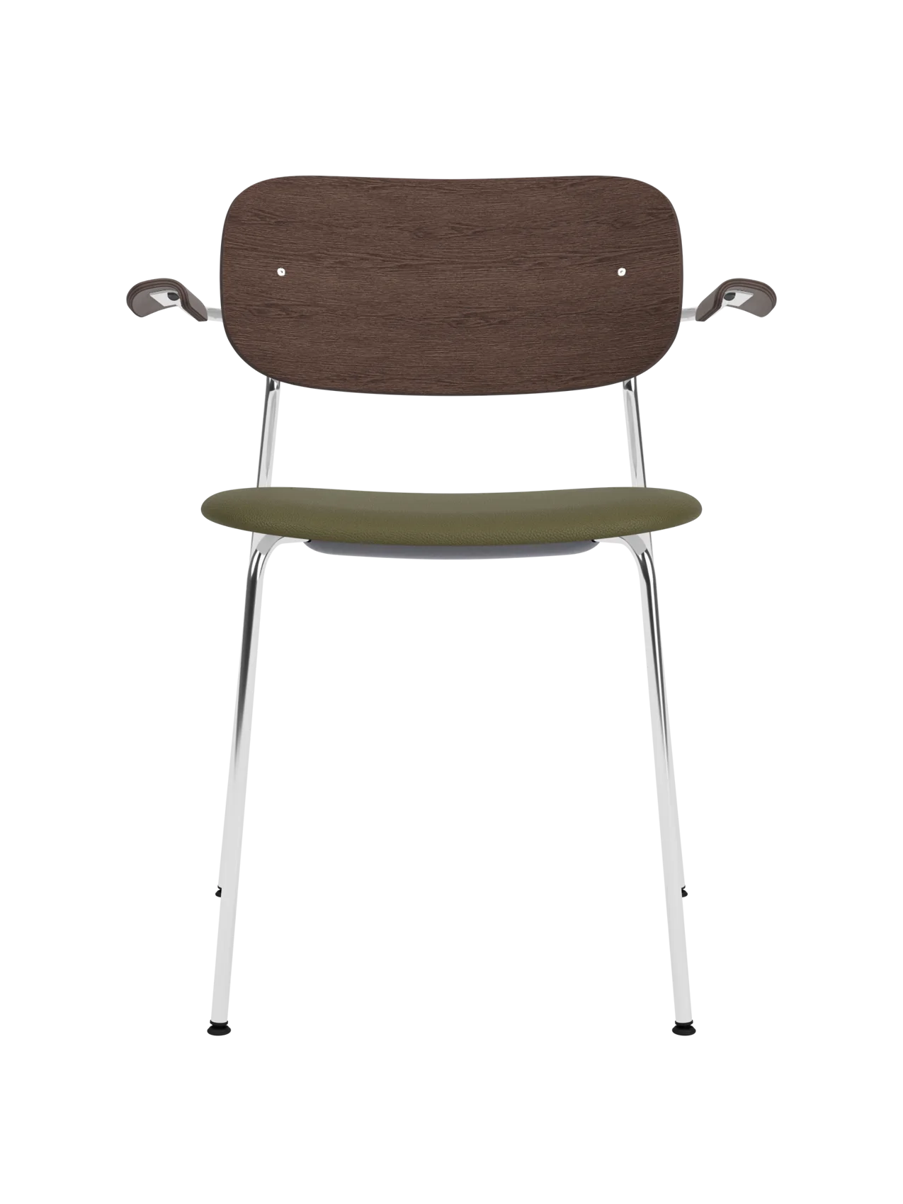 Co Dining Chair with armrests, featuring a chrome frame, dark-stained oak back and olive Sierra leather seat.