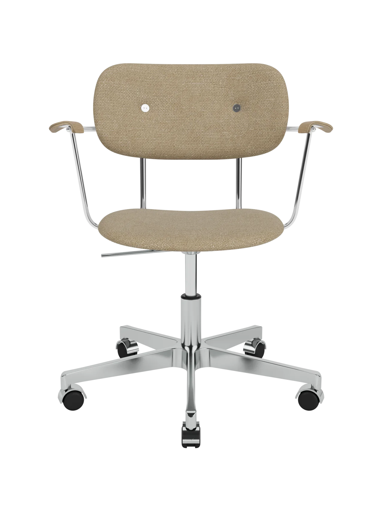Beige Audo Bouclé 02 Co Task Chair with natural oak armrests and a chrome five-star base with casters.