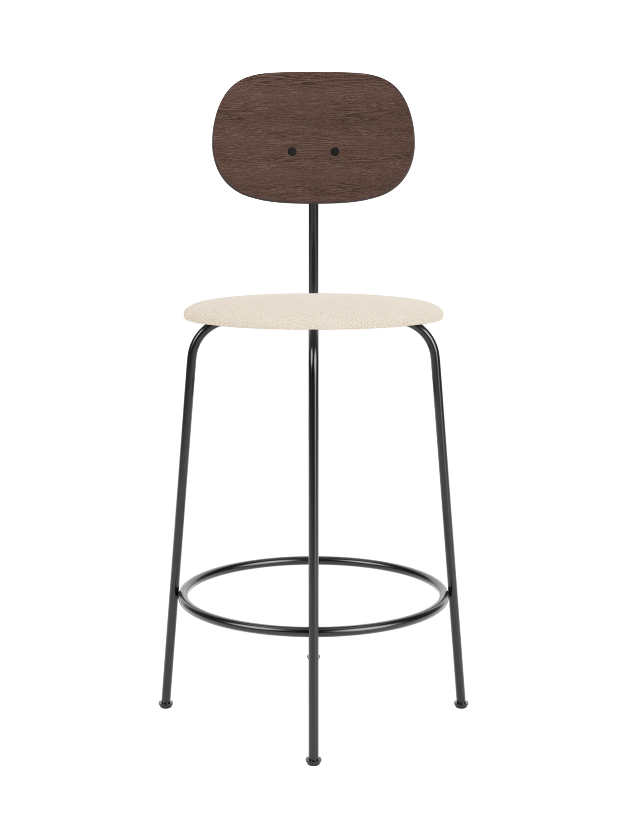 Afteroom Counter Chair Plus with a dark stained oak backrest and Logan Jasmine upholstered seat on a black metal frame.
