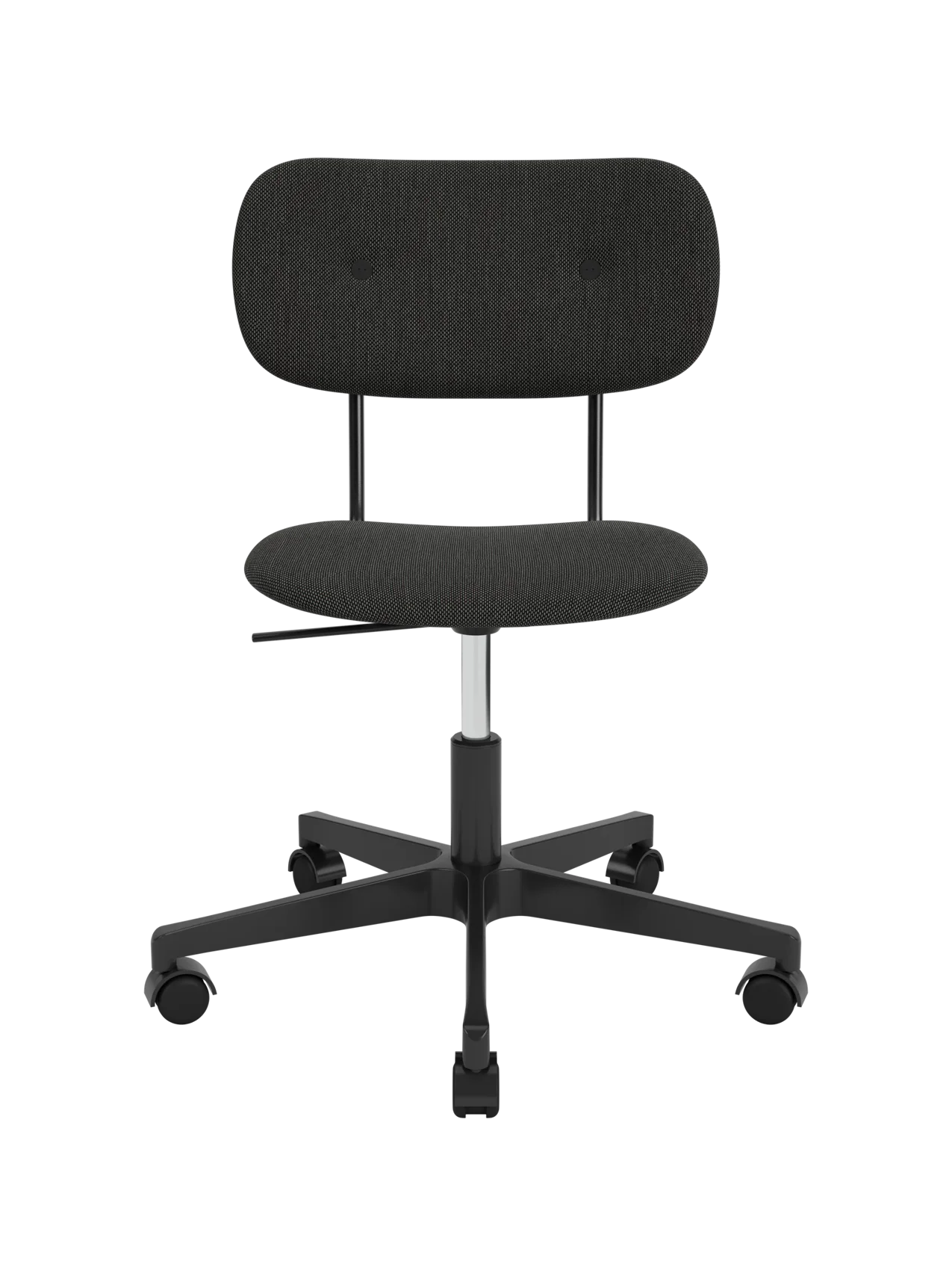 Fully upholstered Co Task Chair in charcoal Re-wool fabric with a black five-star swivel base and casters.