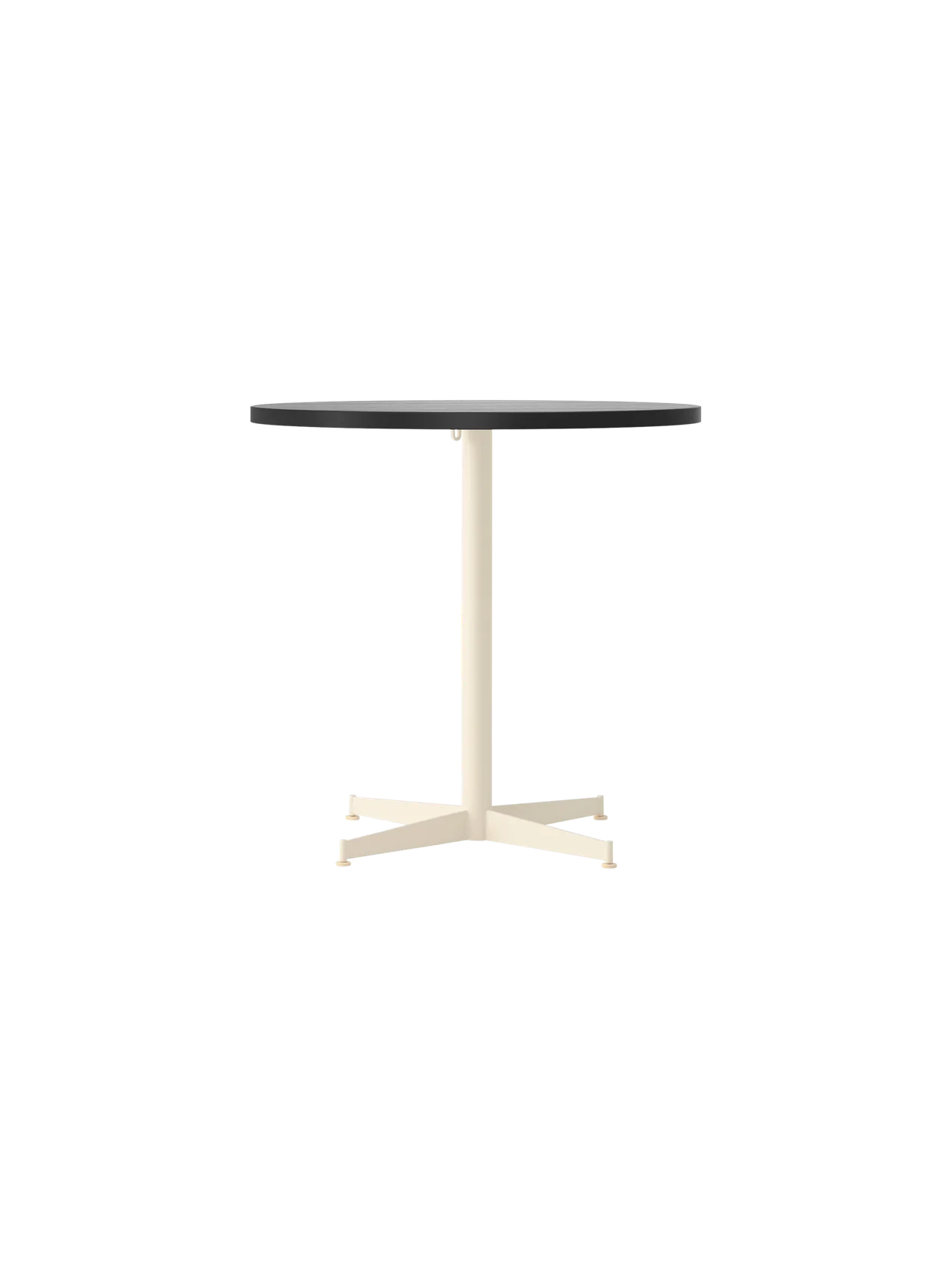 Front view of the round Nook Dining Table, featuring a dark top and a contrasting ivory-coloured, four-star pedestal base.
