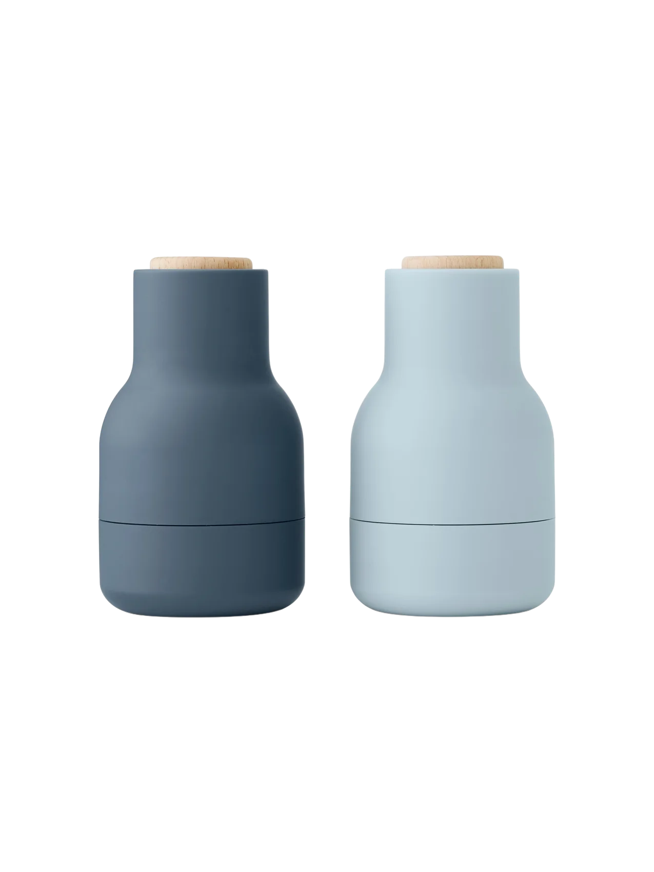 Two small Bottle Grinders with light wood Beach Lids, shown from the front. One is dark blue, the other is light blue.