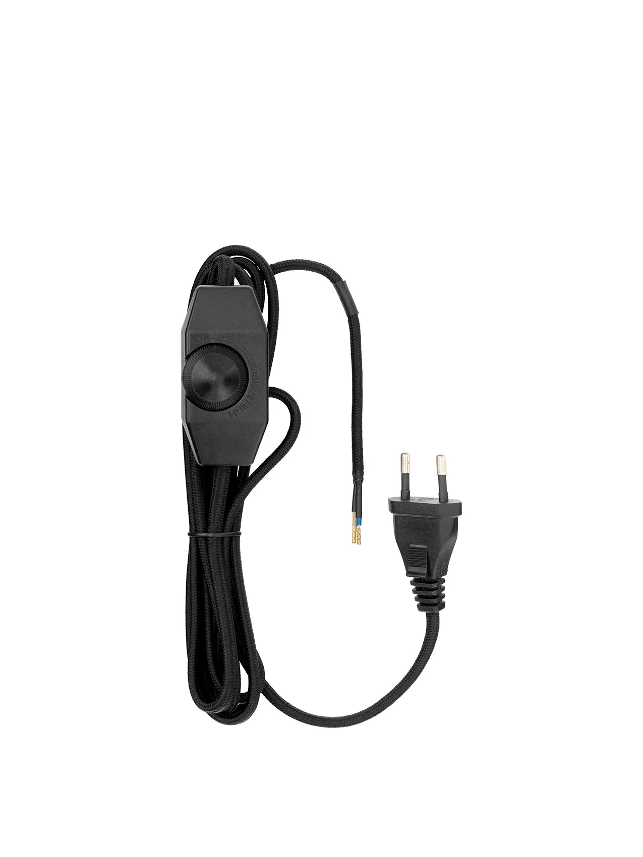 A black Cast Sconce Cord w. Dimmer against a white background. The braided cord has a rotary dimmer and a European plug.