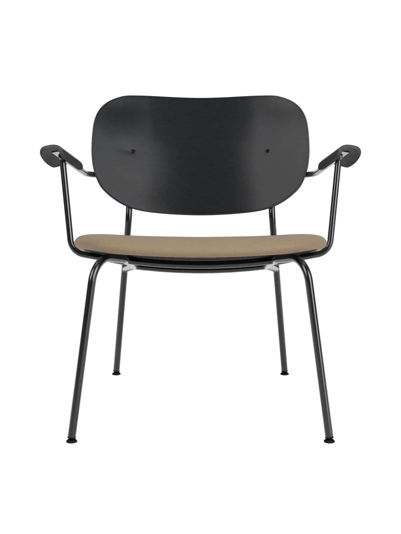Co Lounge Chair featuring a black oak backrest and tan Sierra 1611 upholstered seat on a black steel frame.