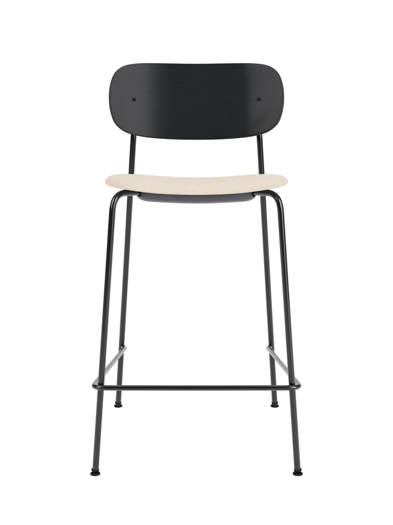 Co Counter Chair with black painted oak backrest, Logan Jasmin upholstered seat and slender black tubular steel frame.