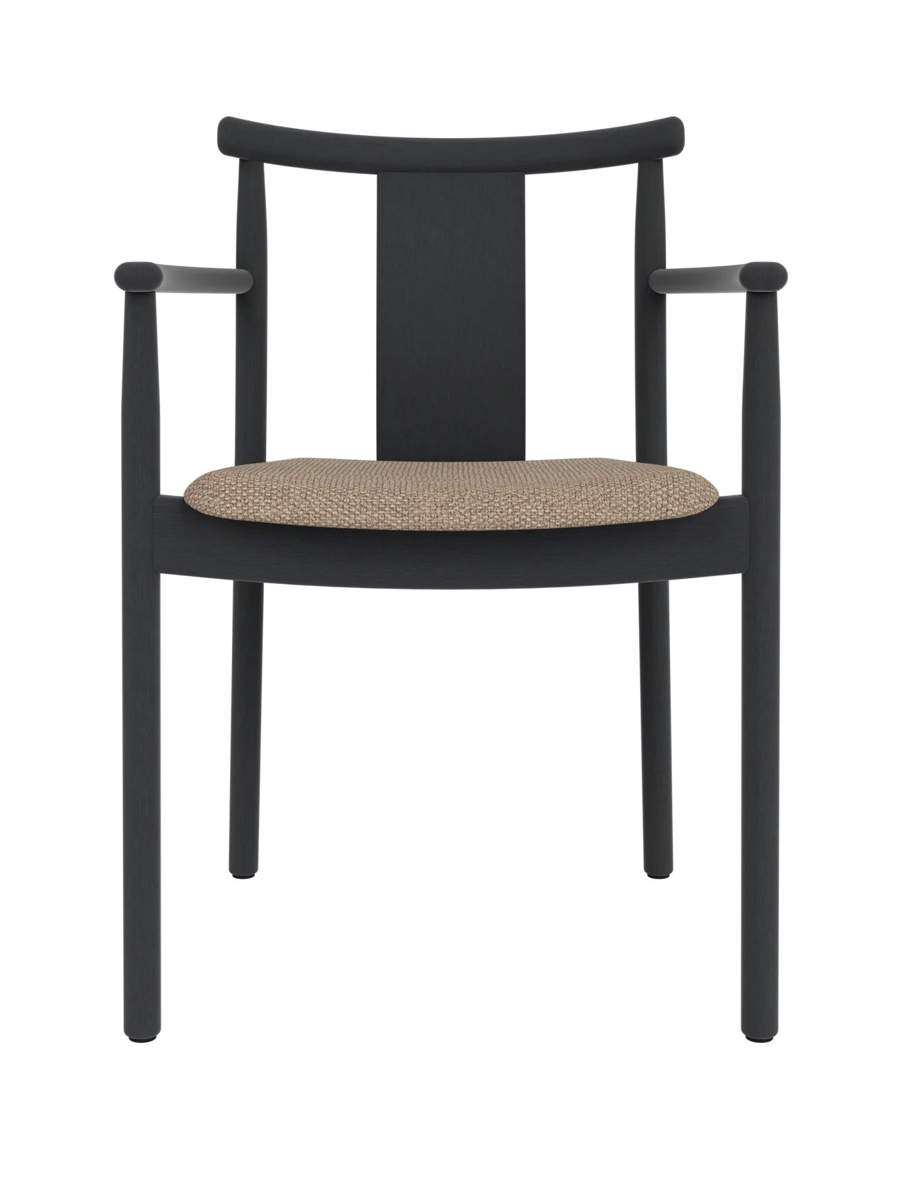 Black stained oak Merkur Dining Chair w/Armrests with a Logan Flint textured upholstered seat.