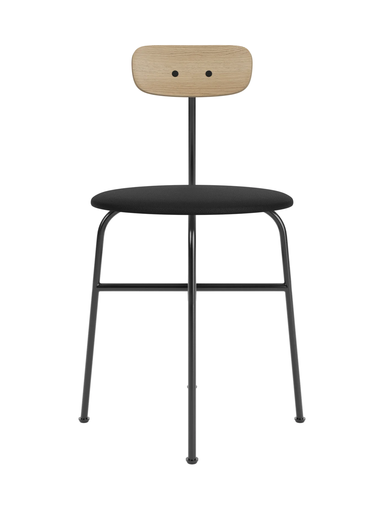 Afteroom Dining Chair with a natural oak backrest and black Sierra leather seat on a black steel frame.