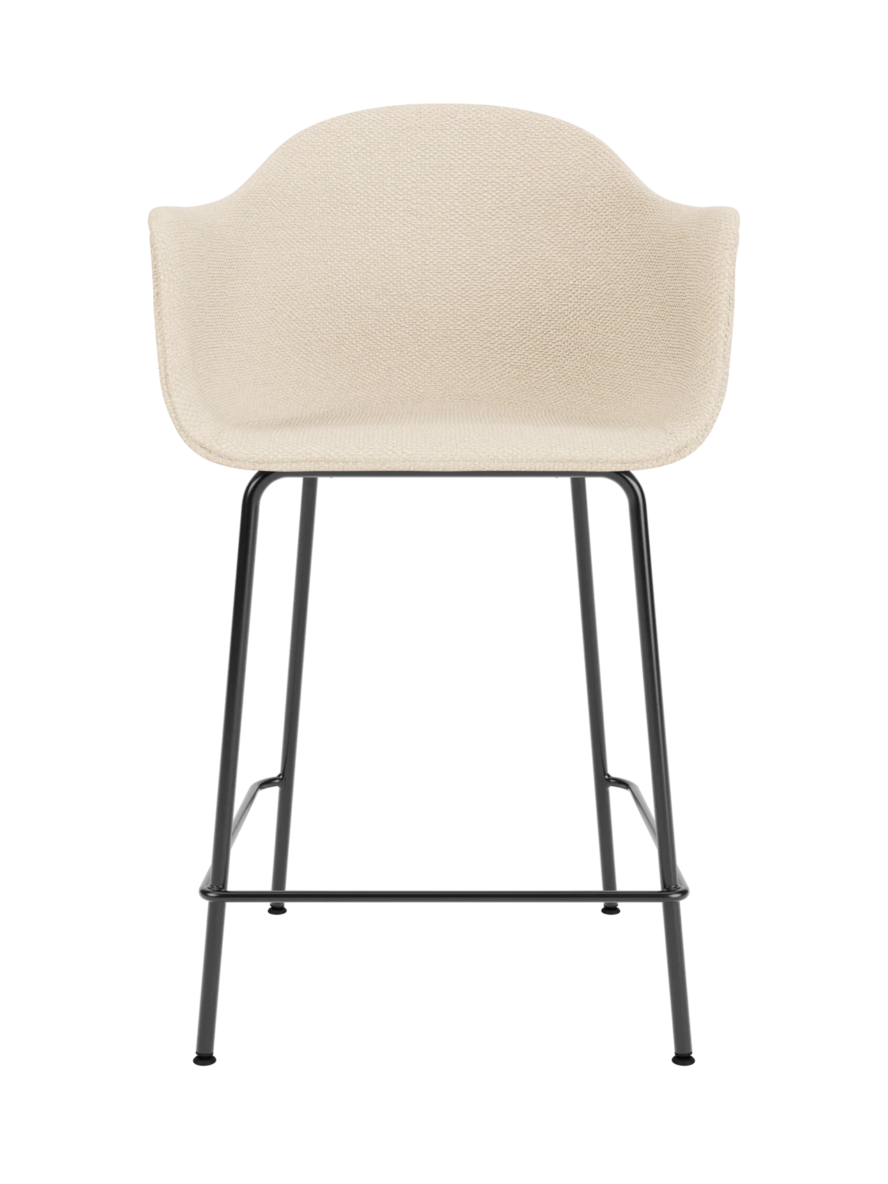 Harbour Counter Chair upholstered in Logan Jasmine fabric with a sculptural black powder-coated steel frame.