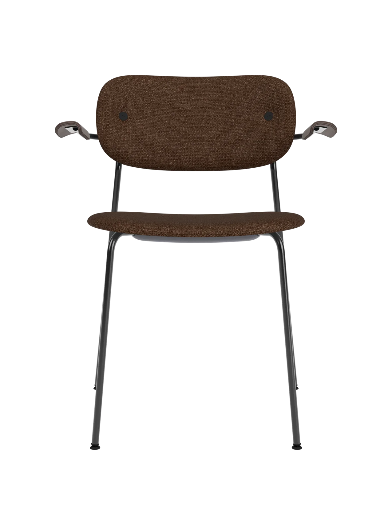 Co Dining Chair with armrests, upholstered in dark Audo Bouclé 07 with dark stained oak details and black frame.