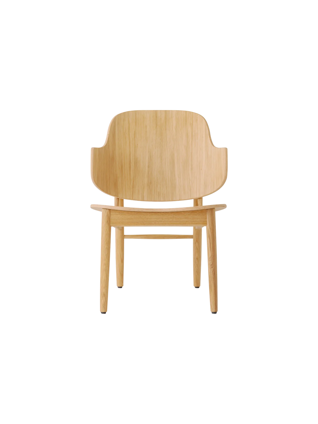 The Penguin Wooden Lounge Chair in natural oak, featuring a curved veneer back and solid oak frame.
