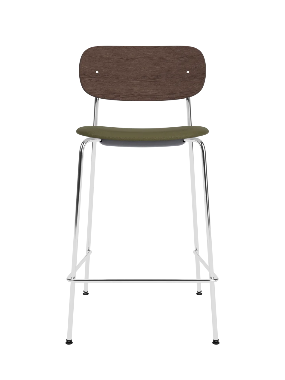 Co Counter Chair in dark stained oak and chrome with a Sierra 0441 upholstered seat shown against a black background.