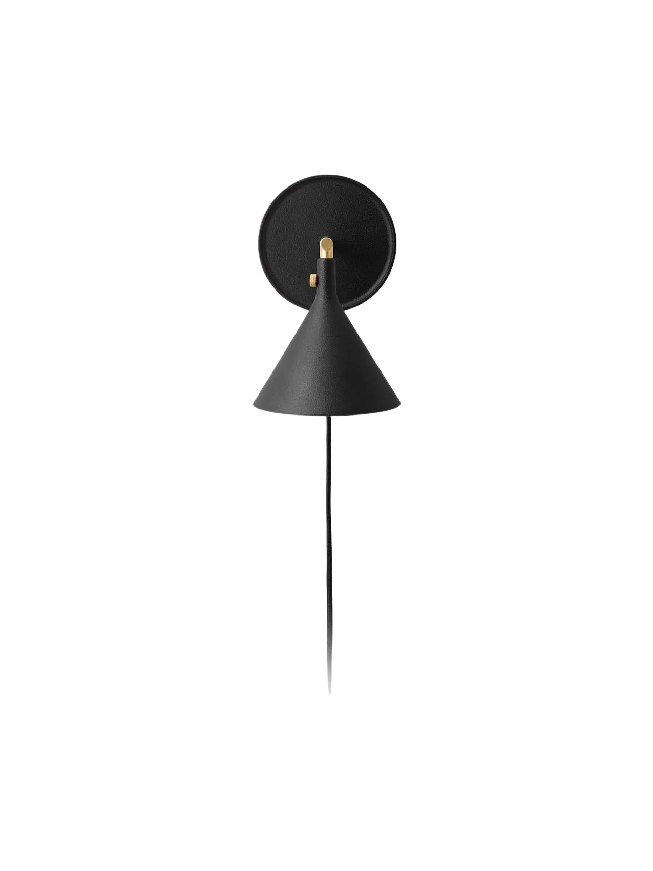 Front view of the black Cast Sconce Wall Lamp, showing its conical shade, round mount, brass details, and hanging cord.