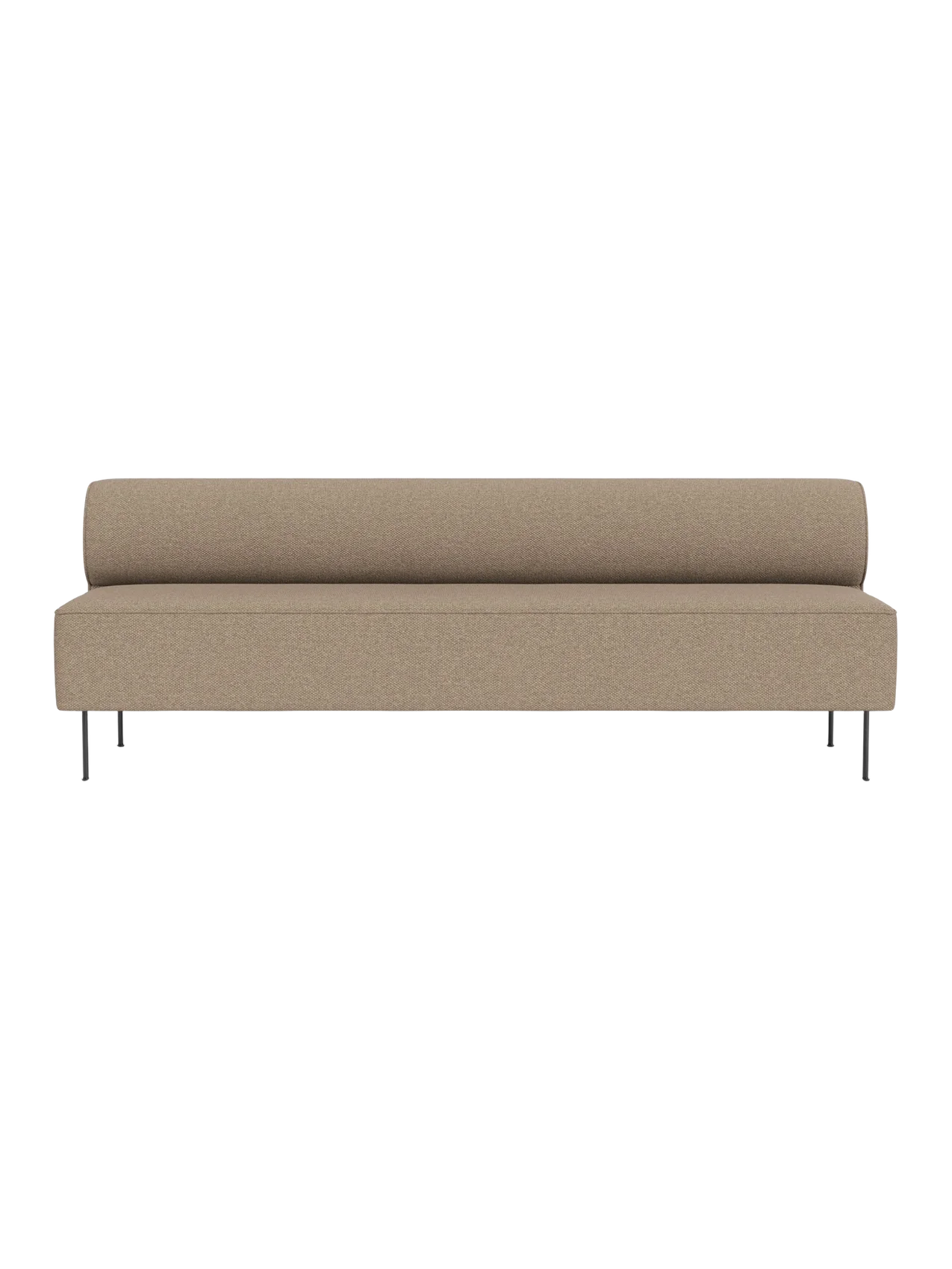 A front view of the Eave Dining Sofa in textured Logan Flint fabric, with a long seat, low back, and slender metal legs.