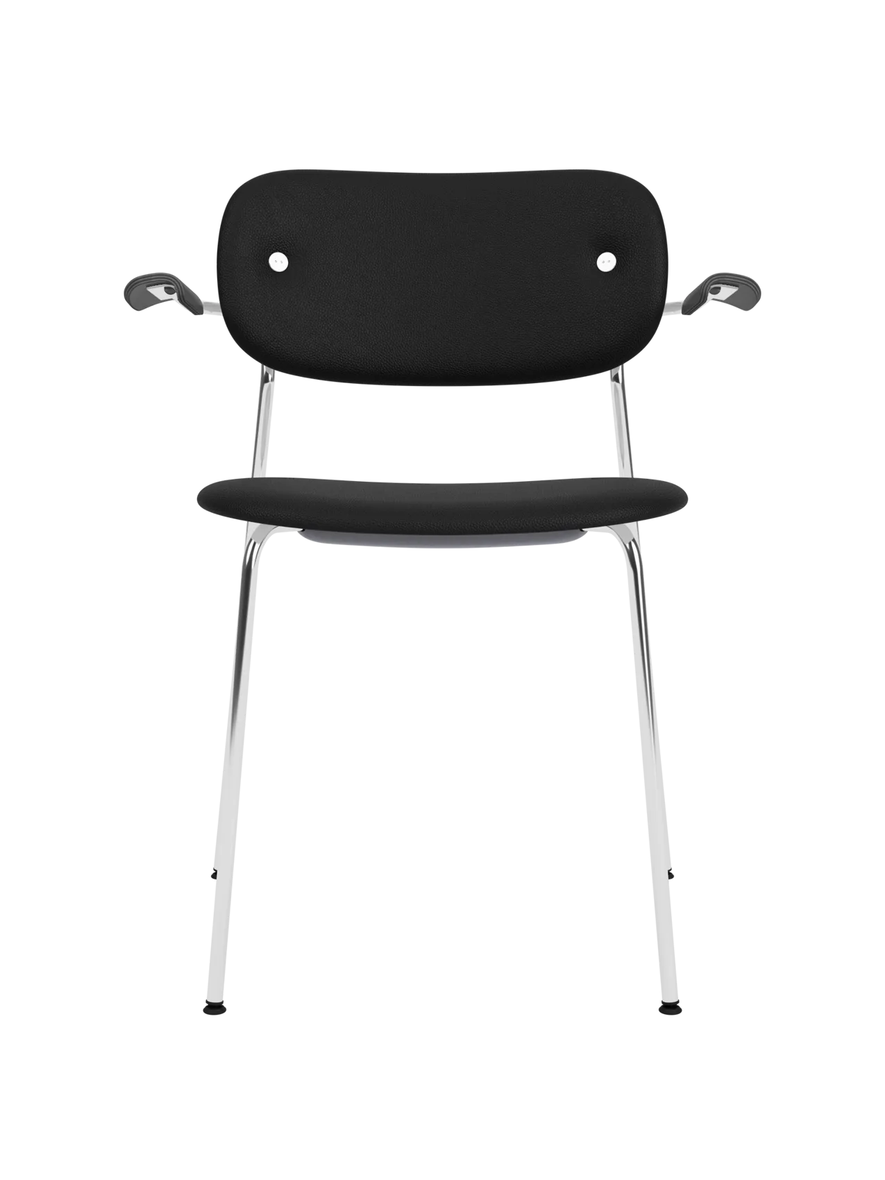 Co Dining Chair with armrests, featuring black Sierra leather upholstery and a sleek chrome frame on a white background.