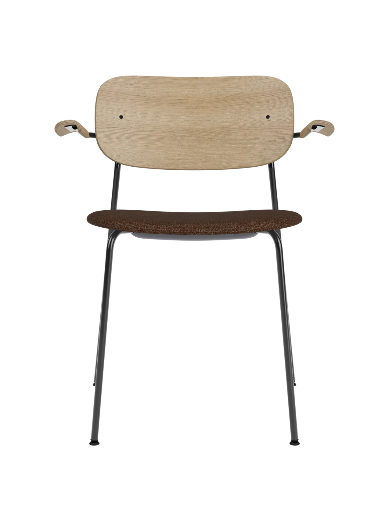 Co Dining Chair with natural oak back and brown bouclé upholstered seat on a black steel frame with armrests.