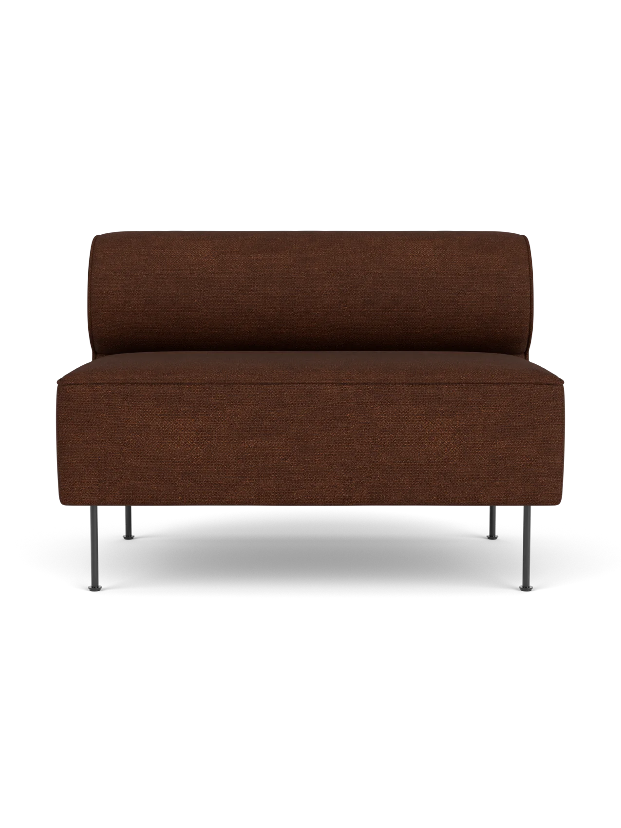 Front view of the Eave Dining Sofa upholstered in dark brown Audo Bouclé 08 fabric, featuring slim black legs.