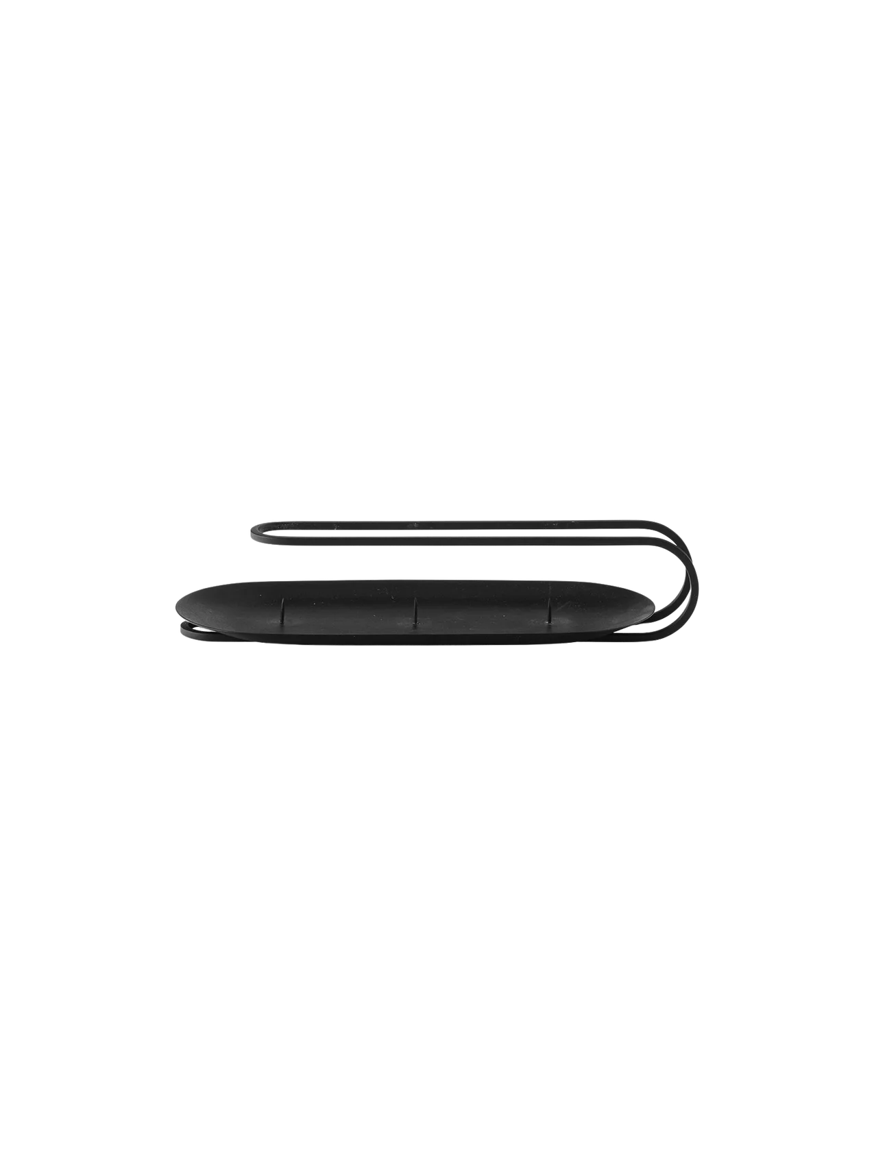 Front view of the black Clip Candle Holder Table 3-arm with a long oval base for three candles and a minimalist looped handle