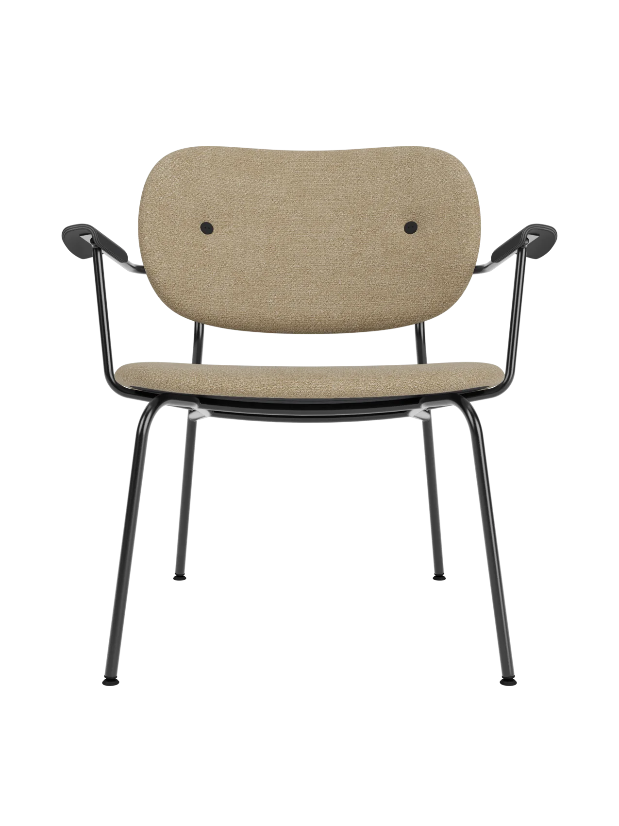 Co Lounge Chair fully upholstered in beige Audo Bouclé 02 with a slender black steel frame and armrests.