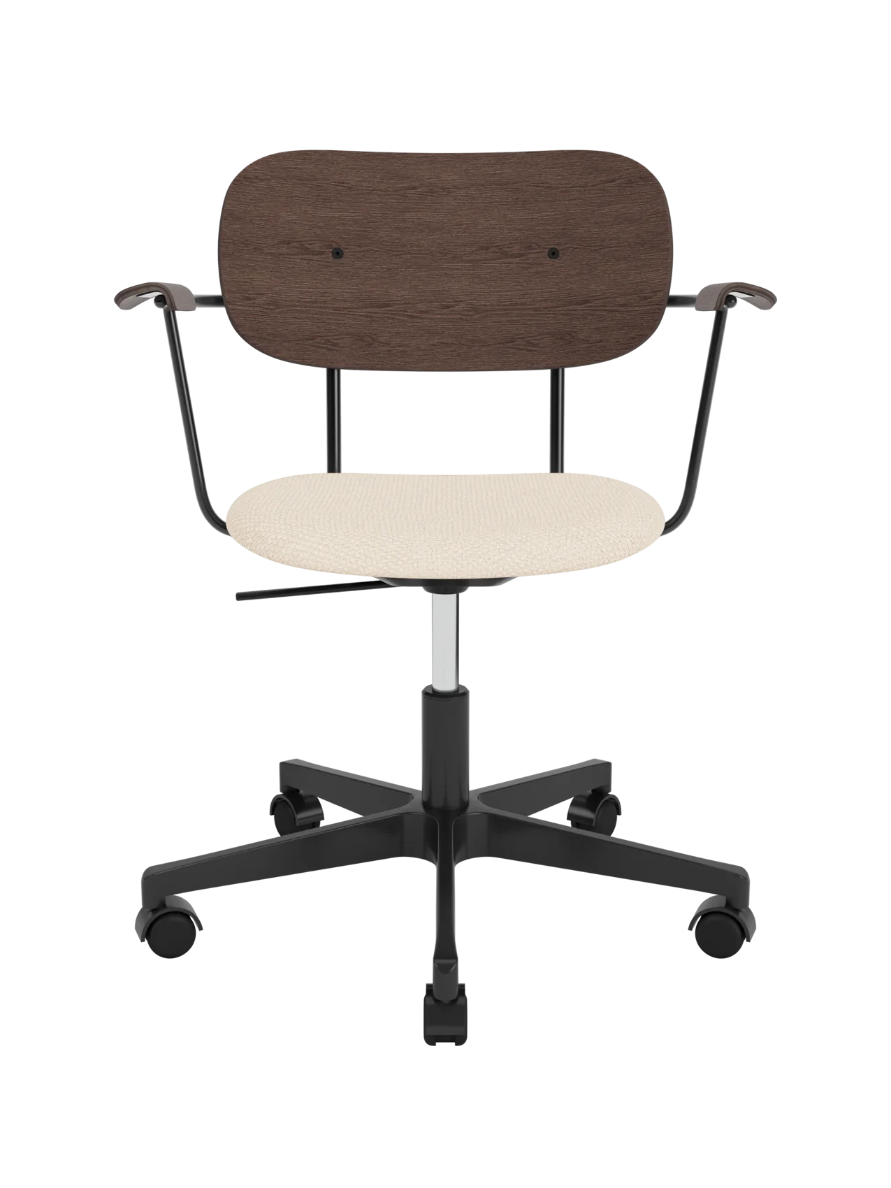 Co Task Chair with Logan Jasmine upholstered seat, dark stained oak back and armrests on a black five-star swivel base.