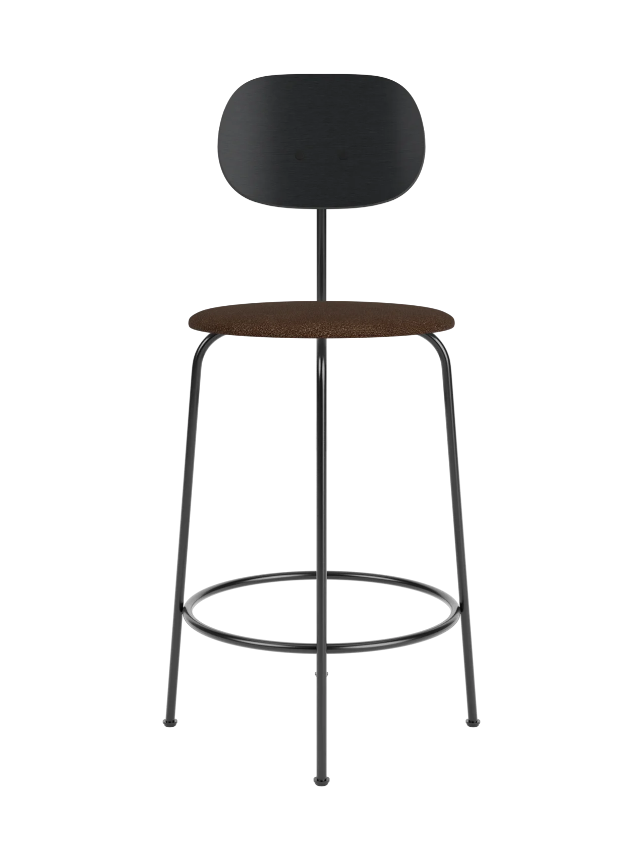 Afteroom Counter Chair Plus with a black oak backrest, brown bouclé upholstered seat and black powder-coated steel frame.