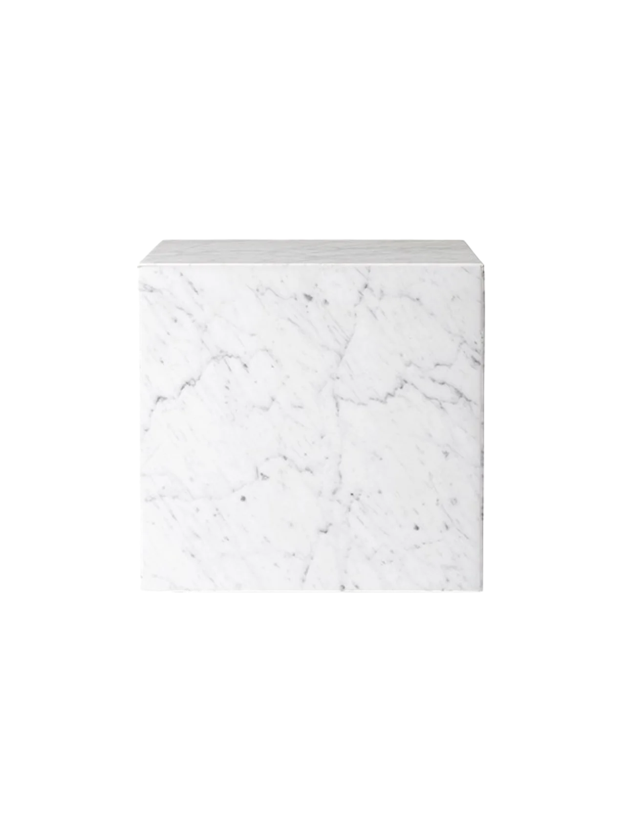 The Plinth Cubic, a cube-shaped podium of polished white marble with grey veining, shot against a black background.
