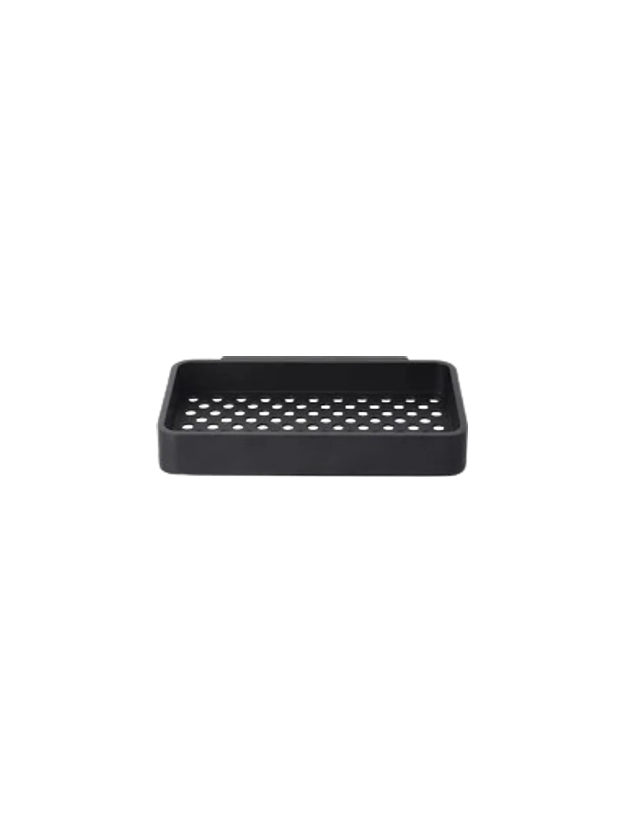 Front view of the black rectangular Shower Tray with a perforated base for water drainage, set against a black background.