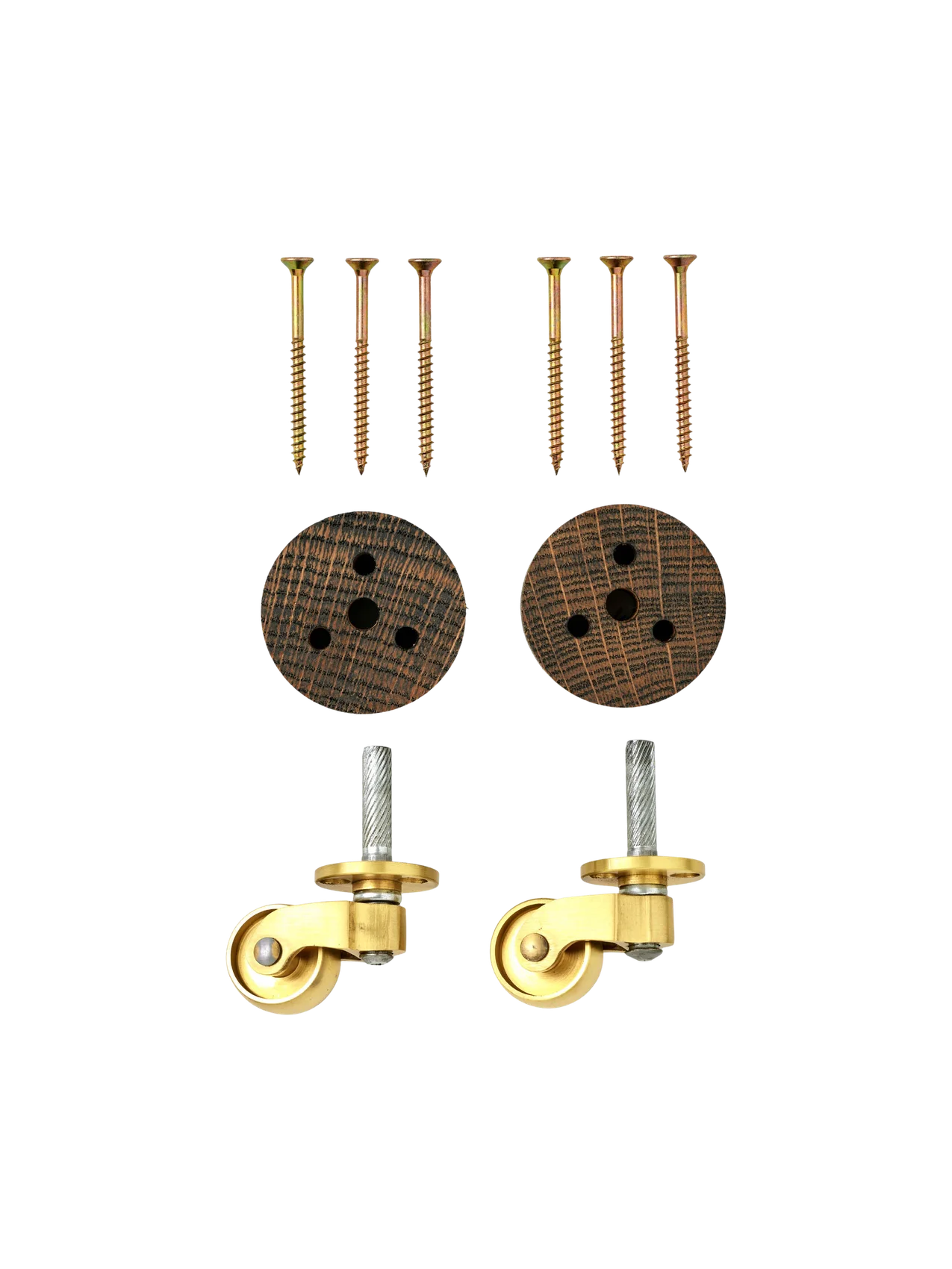 Two brass caster wheels with threaded steel stems, two round dark oak mounting discs with four holes, and six gold screws.