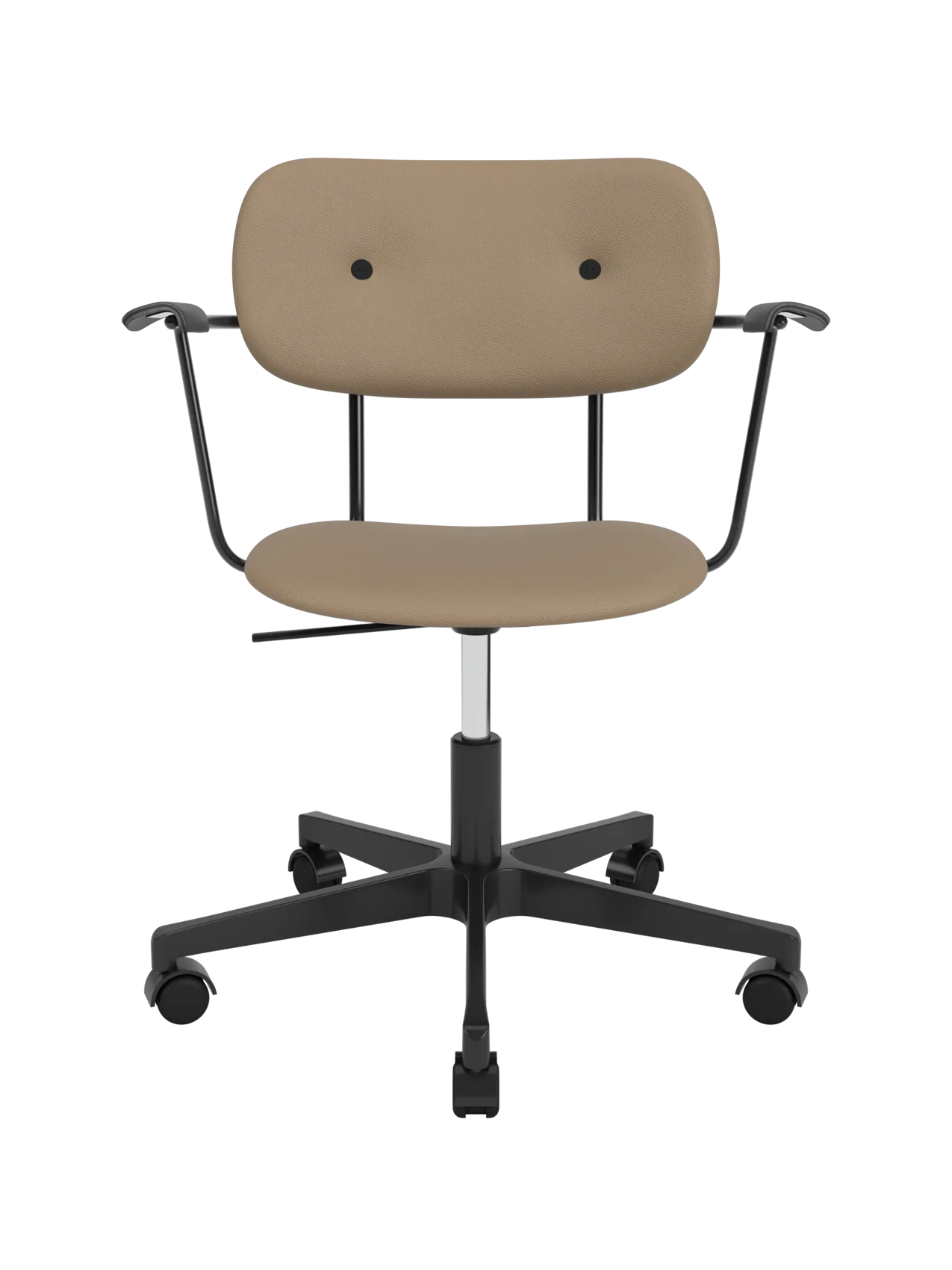 Fully upholstered Co Task Chair in Sierra 1611 leather with black armrests and a black five-star swivel base.