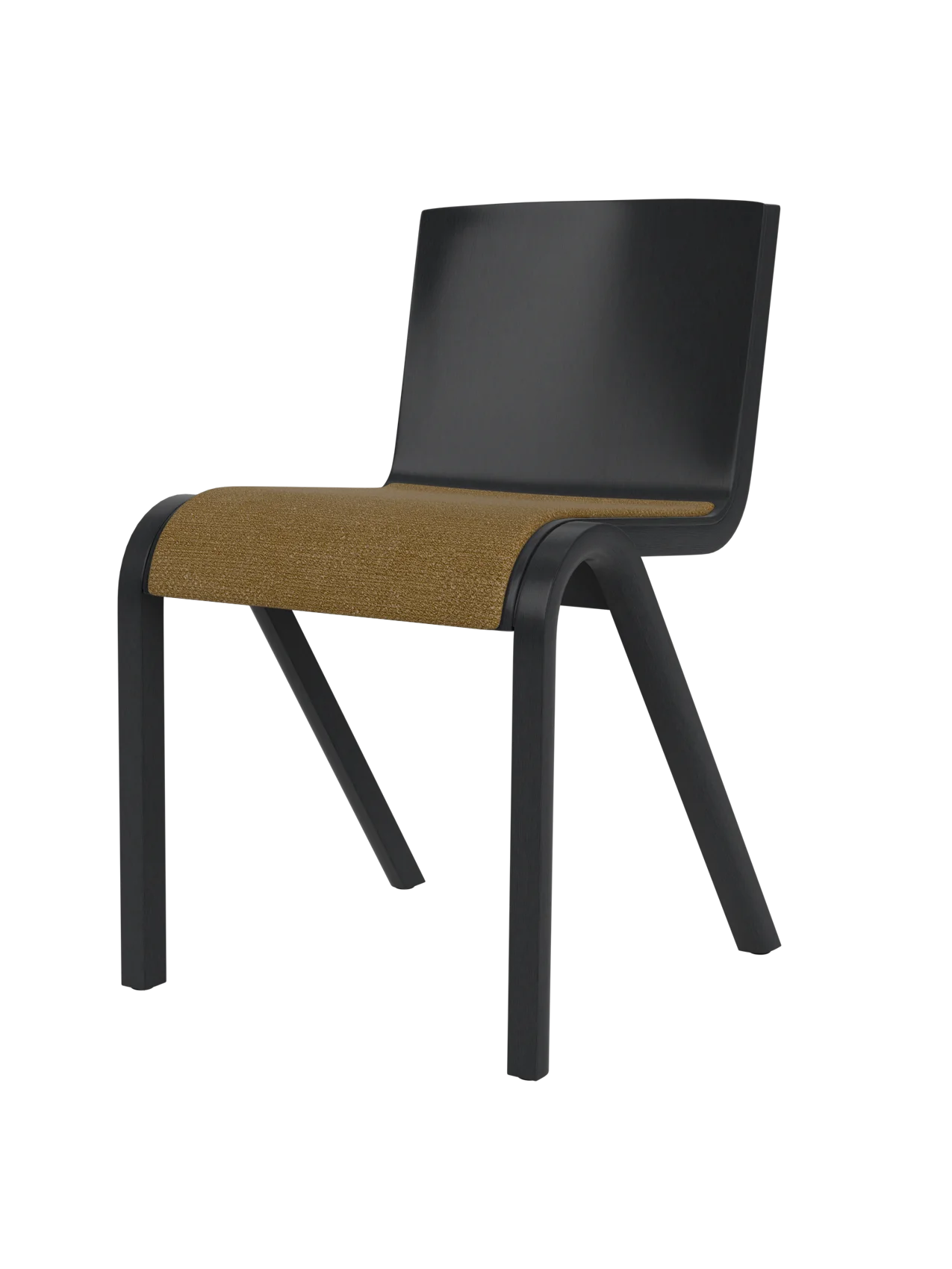 A Ready Dining Chair with a black painted oak frame, a solid black backrest, and a seat upholstered in golden-brown bouclé.