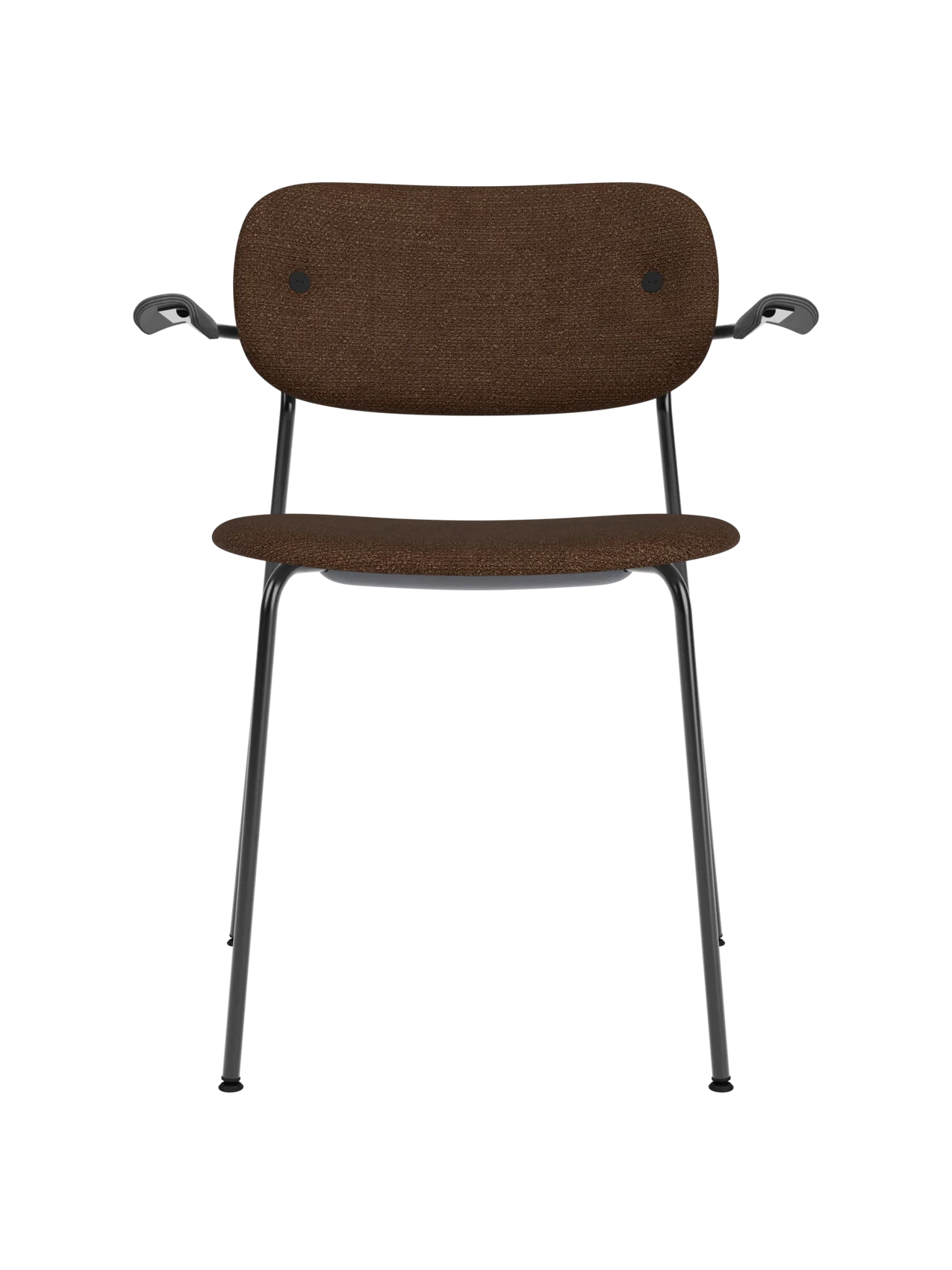 Co Dining Chair with armrests, upholstered in textured brown bouclé fabric on a black powder-coated steel base.