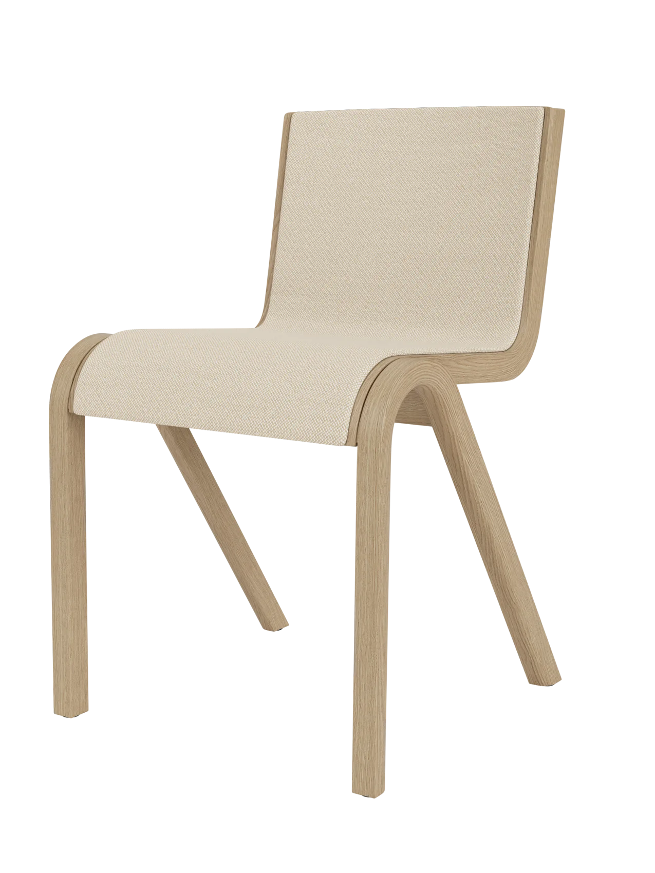 A three-quarter view of the Ready Dining Chair, Front Upholstered, with a natural oak frame and light, textured upholstery.