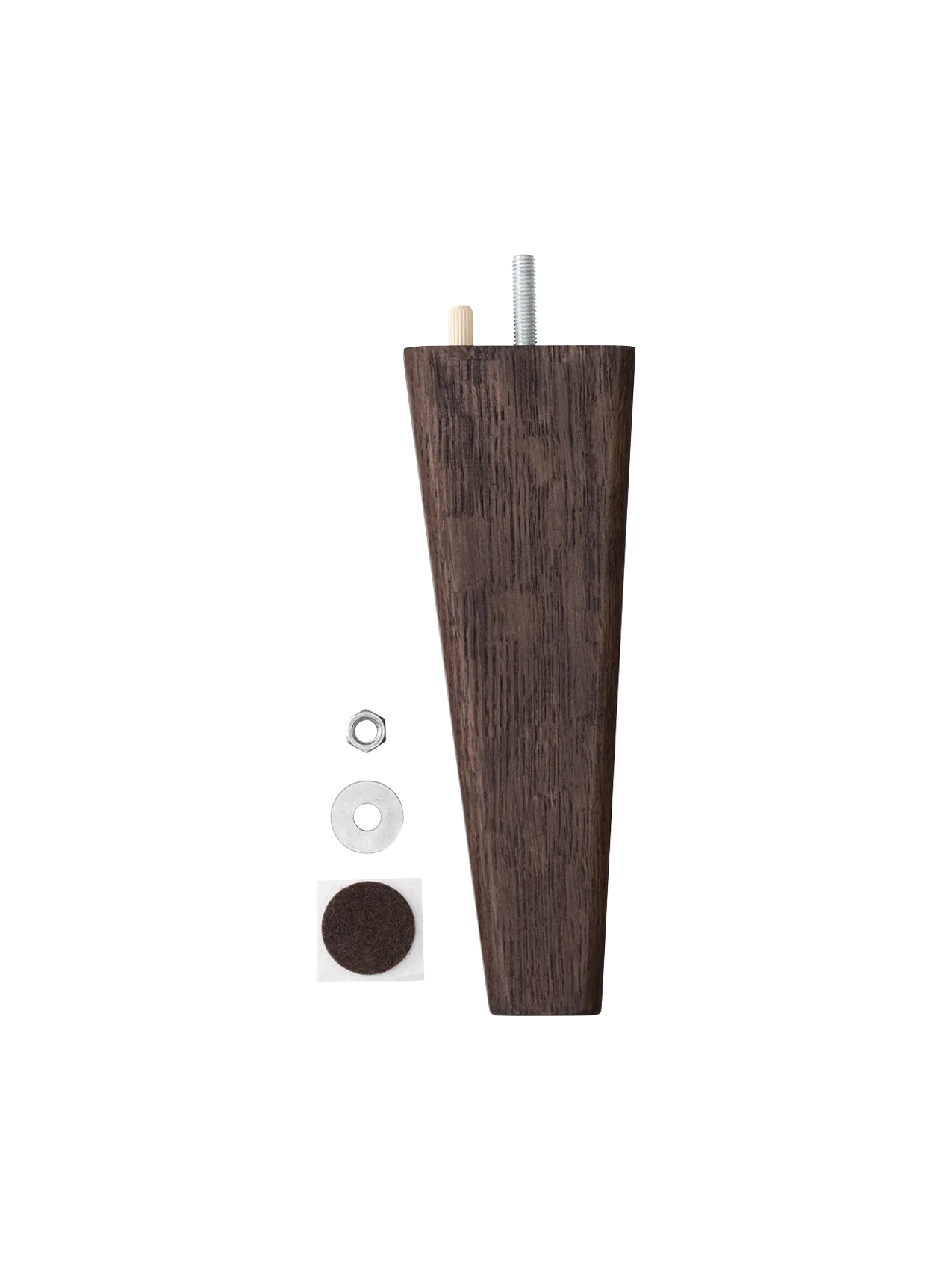 A tapered furniture leg in dark wood, with fittings: metal screw, dowel, nut, washer, and a square felt floor protector.