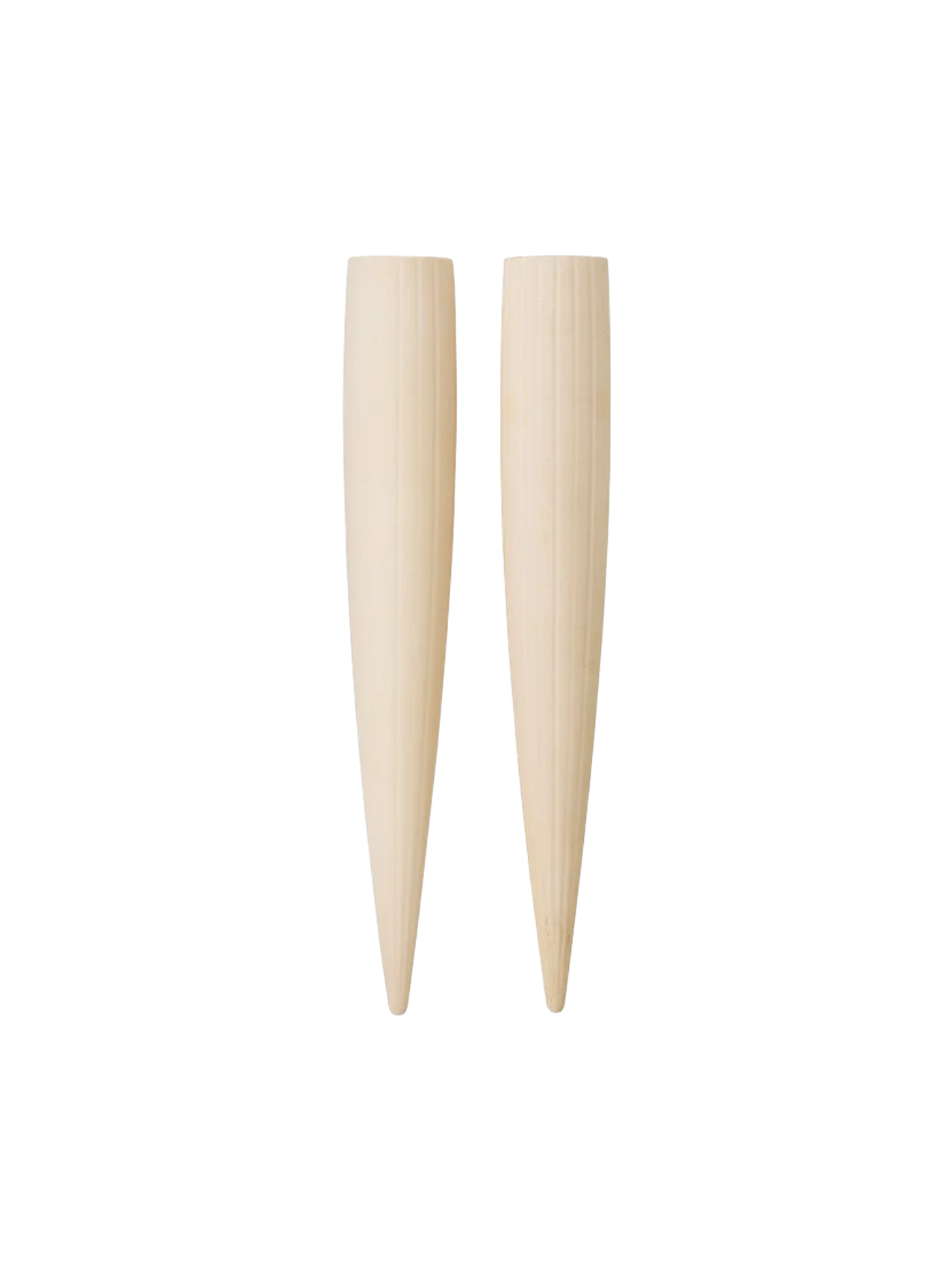 Two cone-shaped, cream-coloured Hydrous Watering Sticks with a vertically fluted texture against a black background.