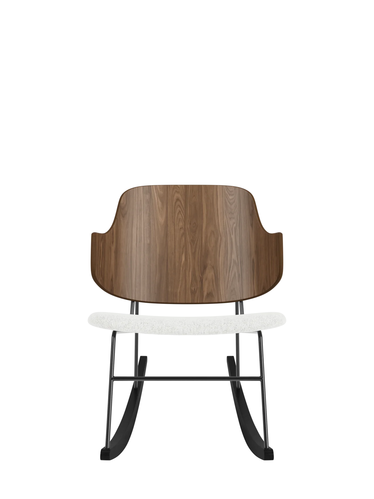 The Penguin Rocking Chair featuring a curved walnut back, light grey upholstered seat and black steel rockers.