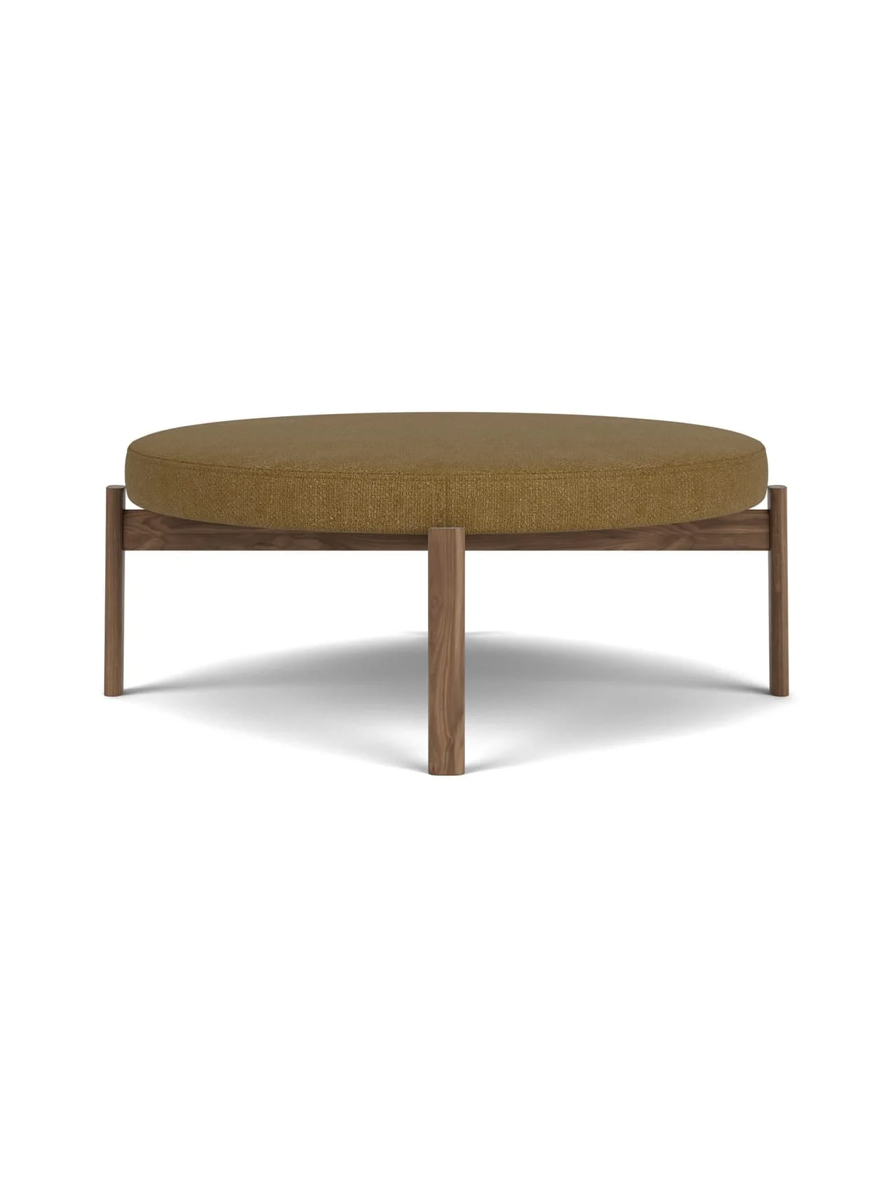 Front view of the Passage Pouf, featuring a circular, mustard-yellow upholstered cushion on a dark solid wood frame.