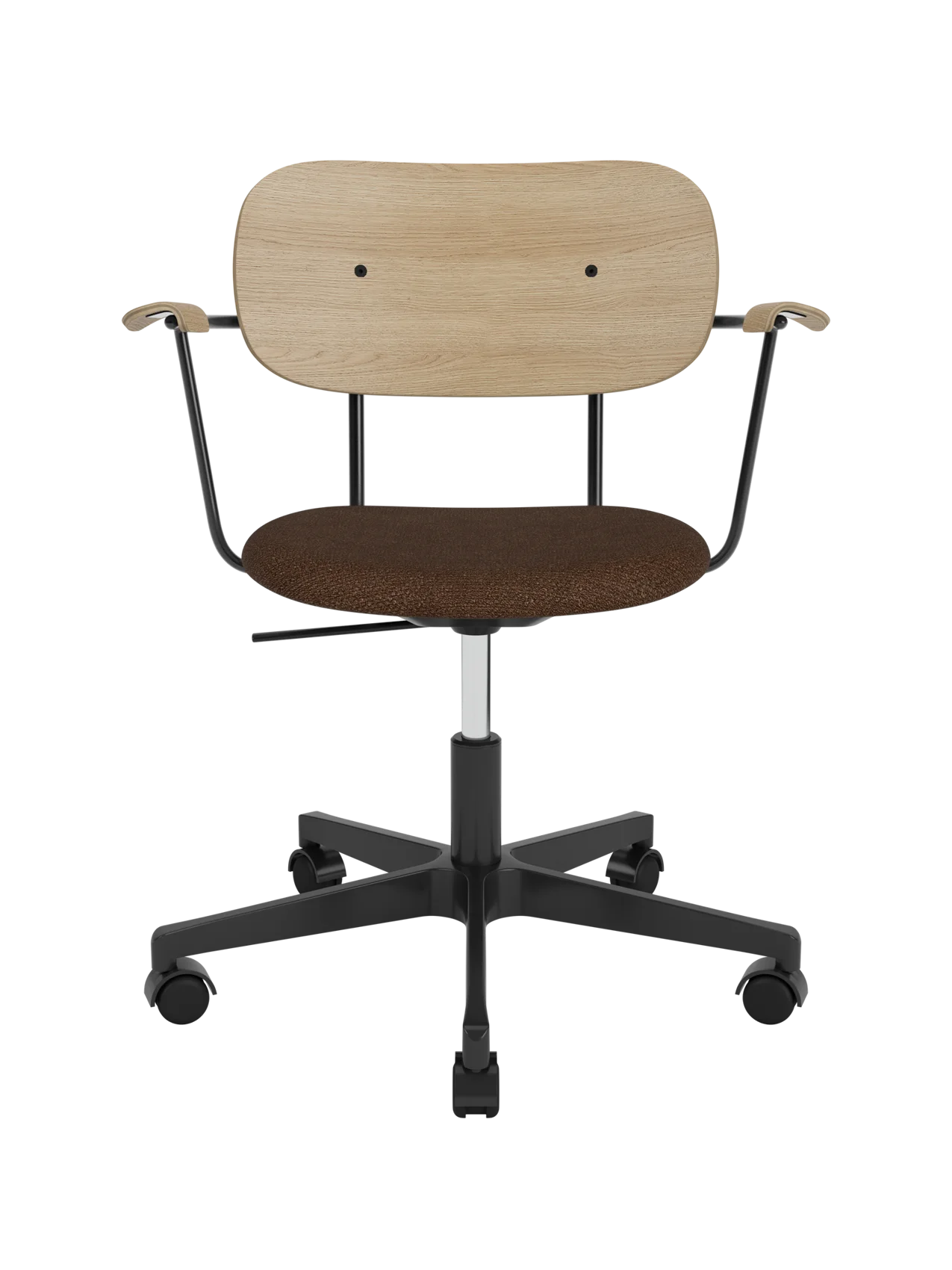Co Task Chair featuring a natural oak backrest, brown bouclé upholstered seat and a black swivel base with castors.