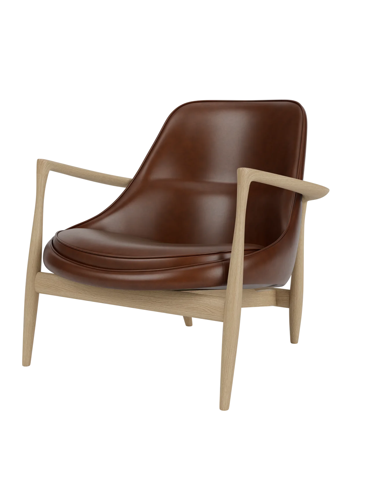 A three-quarter view of the Elizabeth Lounge Chair with a natural oak frame, sculpted arms and brown leather upholstery.