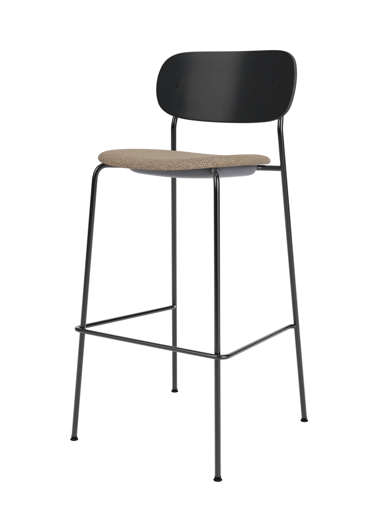 Co Bar Chair with black painted oak backrest, Logan Flint upholstered seat, and a slender black steel frame.
