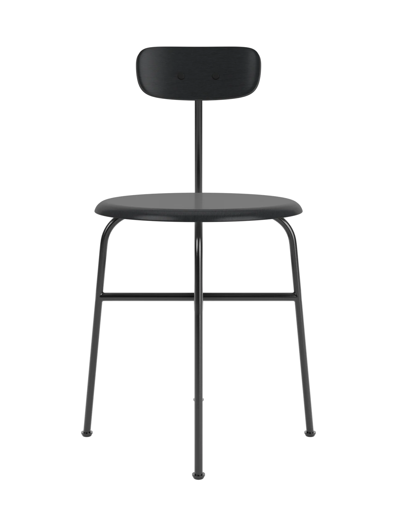 Front view of the Afteroom Dining Chair, Veneer in black. A minimalist chair with a wood seat and back on a slim steel frame.