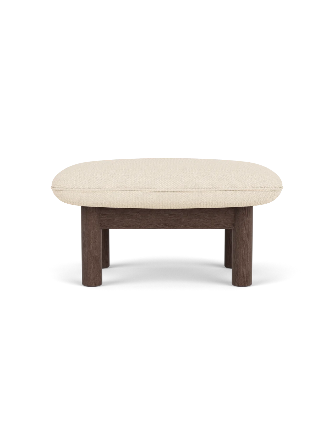 Side view of the Brasilia Ottoman with a dark stained oak frame and a light, textured Logan Jasmine fabric cushion.