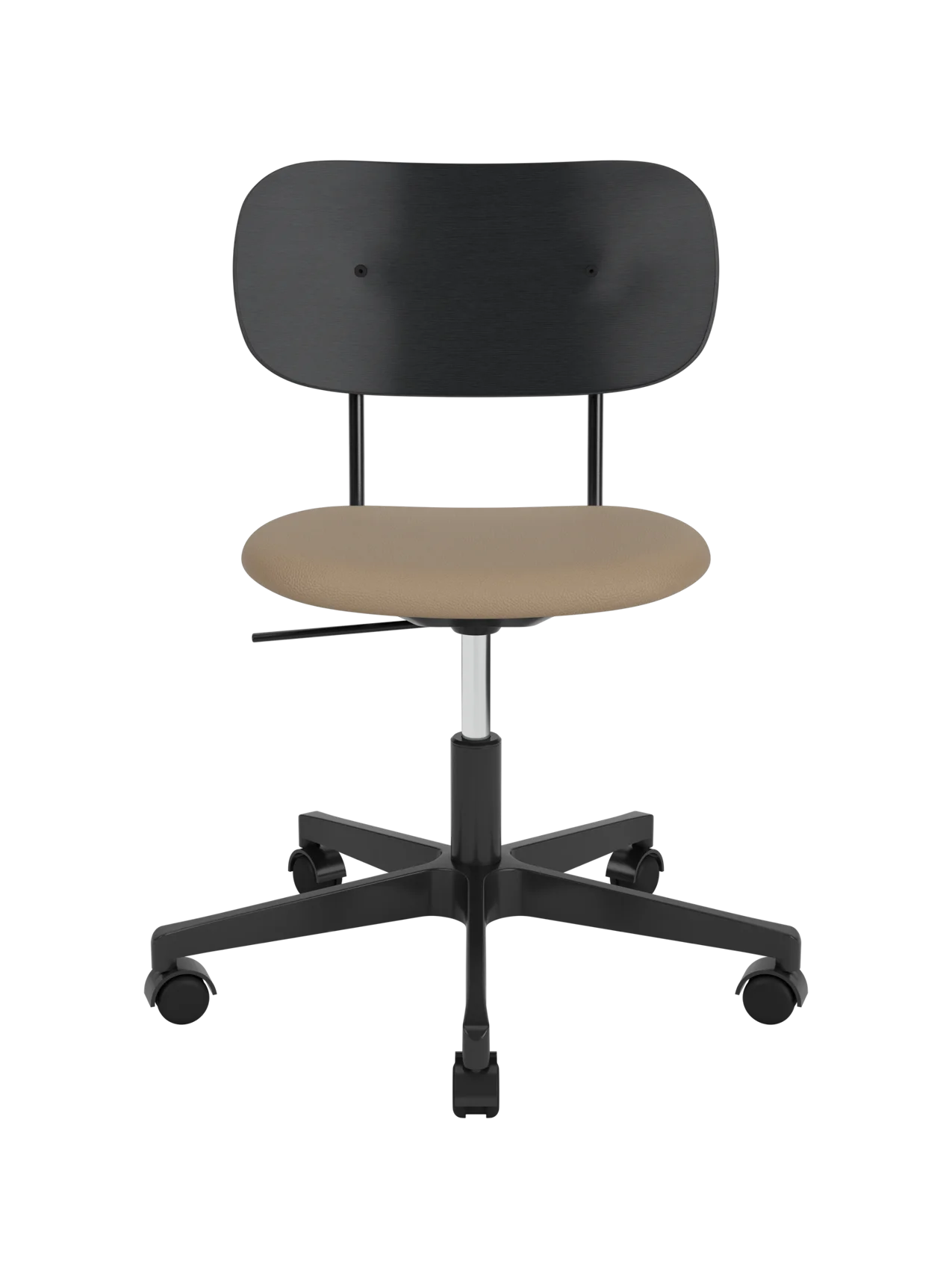Co Task Chair featuring a black oak backrest, tan Sierra 1611 upholstered seat and a black five-star base with castors.