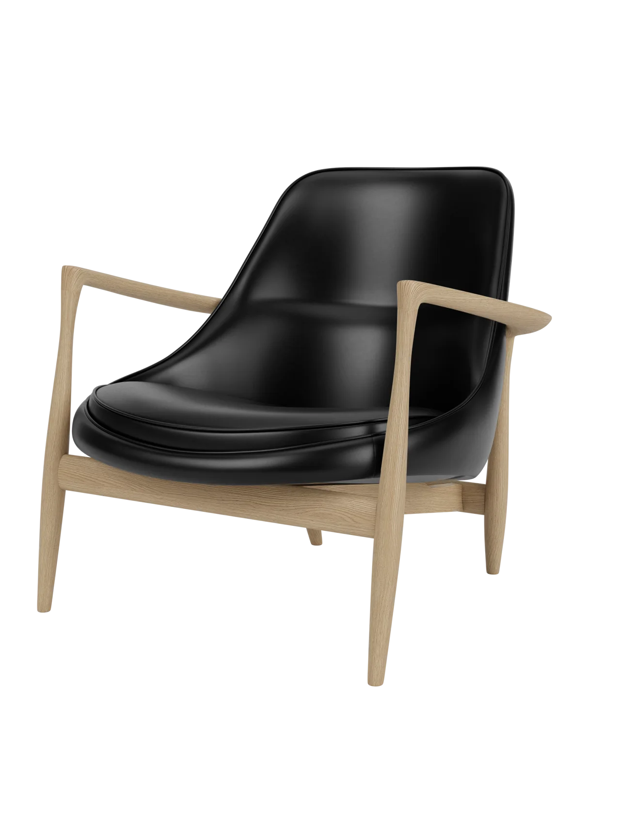 Elizabeth Lounge Chair in natural oak with black leather upholstery, showcasing sculpted armrests and a low seat.
