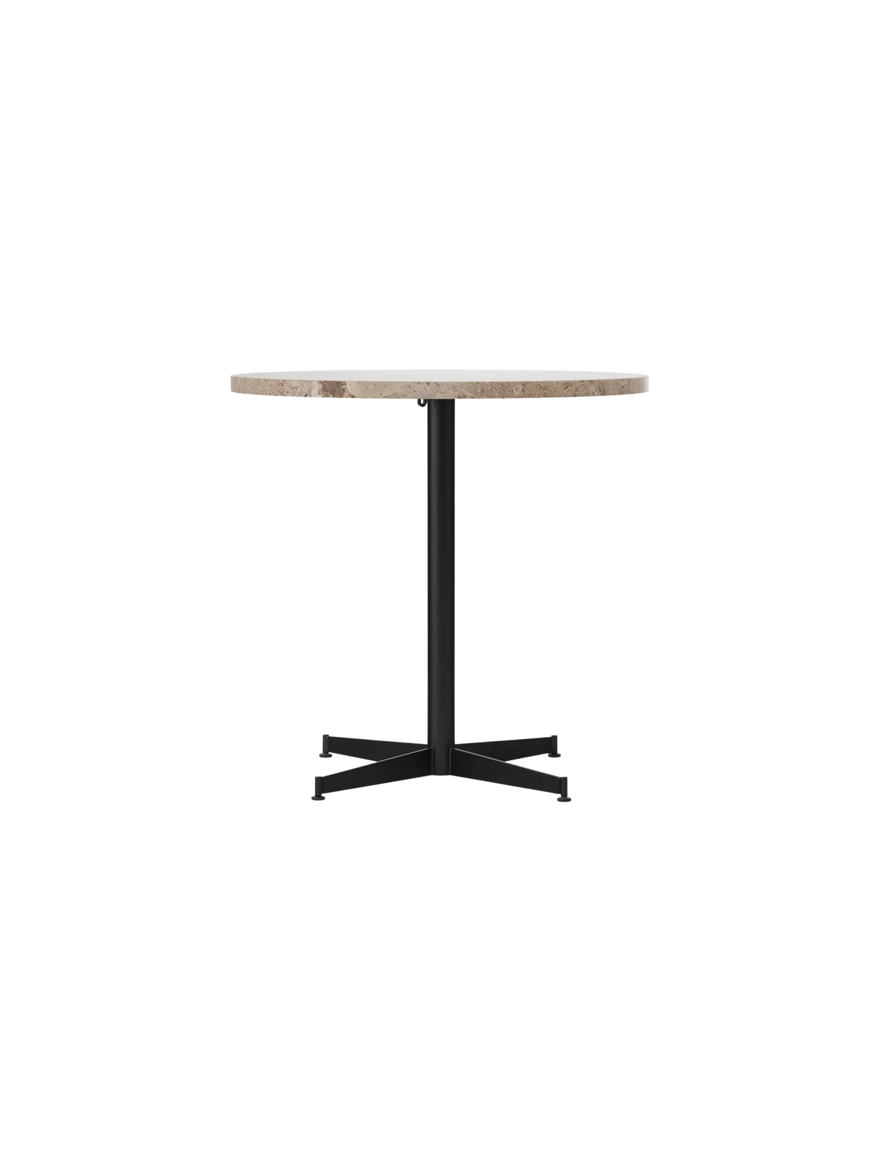 Front view of the Nook Dining Table with a round Kunis Breccia stone top and a black powder-coated steel four-star base.