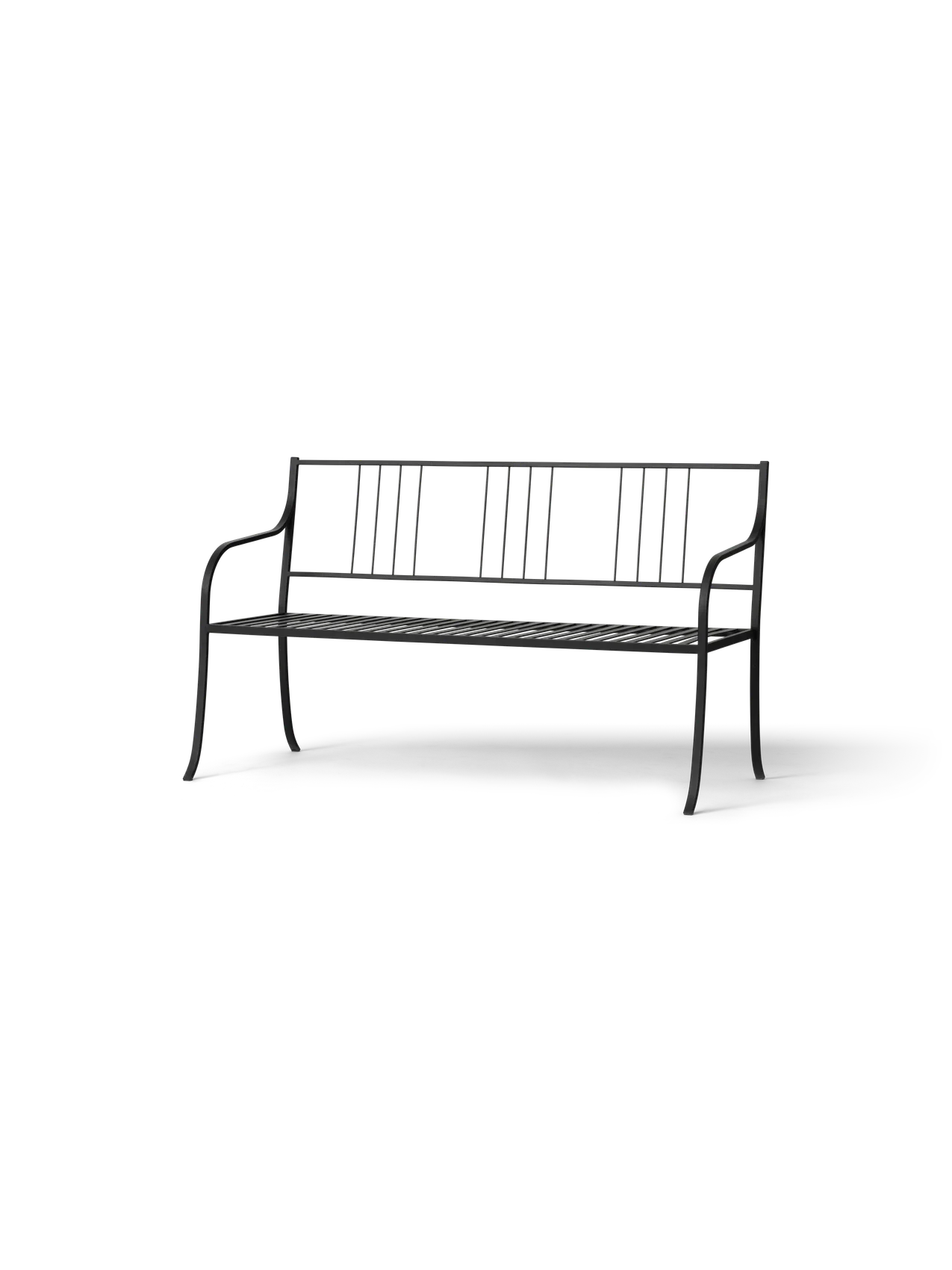 Bloss Garden Bench in black powder-coated steel shown from a front angle view.