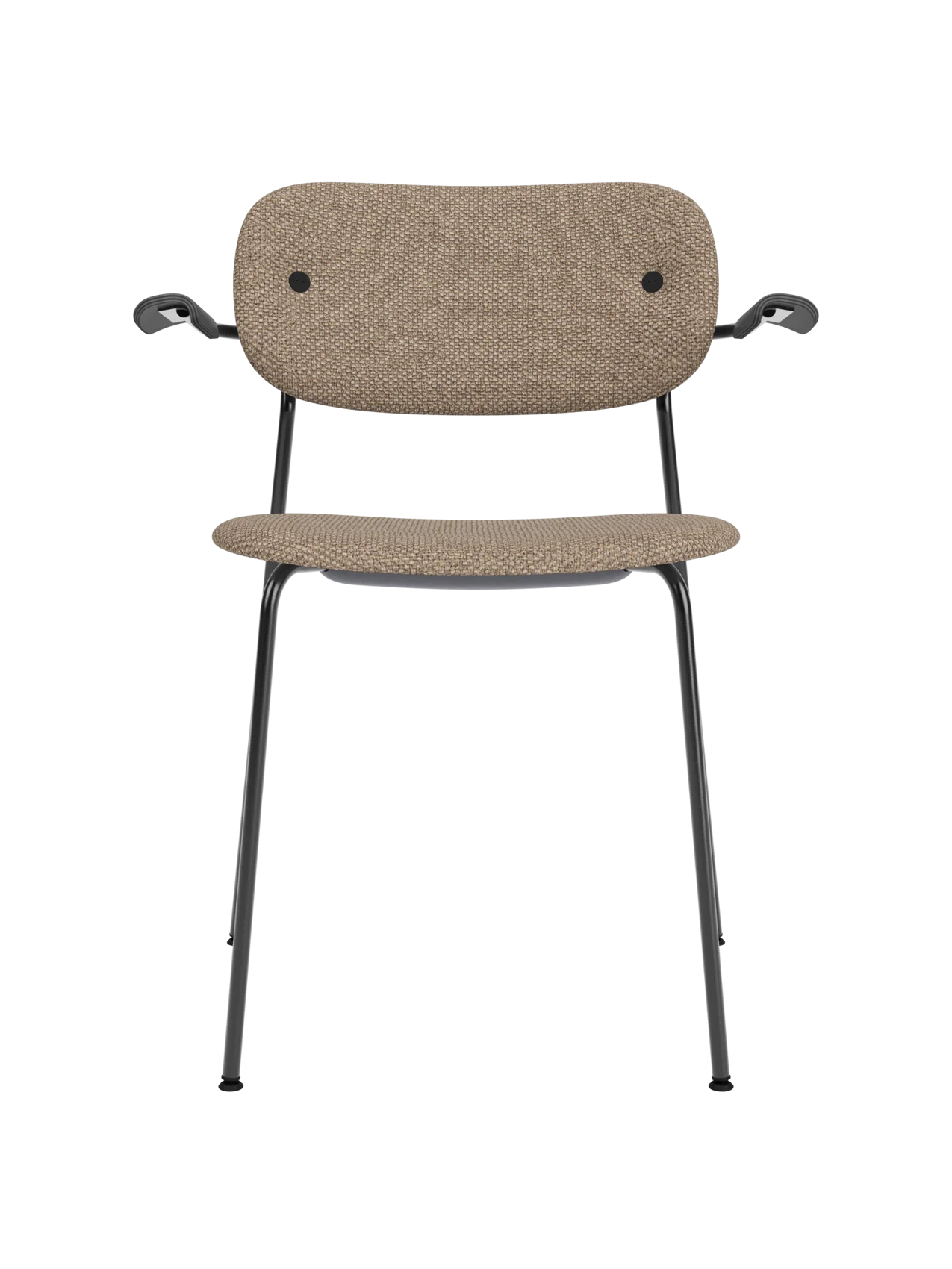 Fully upholstered Co Dining Chair in Logan Flint fabric with black armrests and a sleek black steel frame.