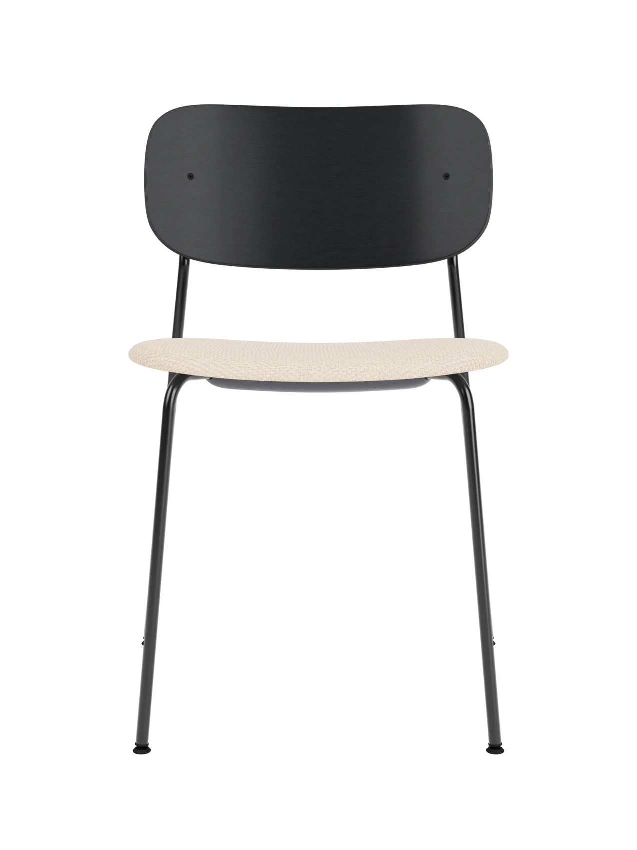 Co Dining Chair with black painted oak backrest, cream Logan Jasmine upholstered seat, and a black steel frame.